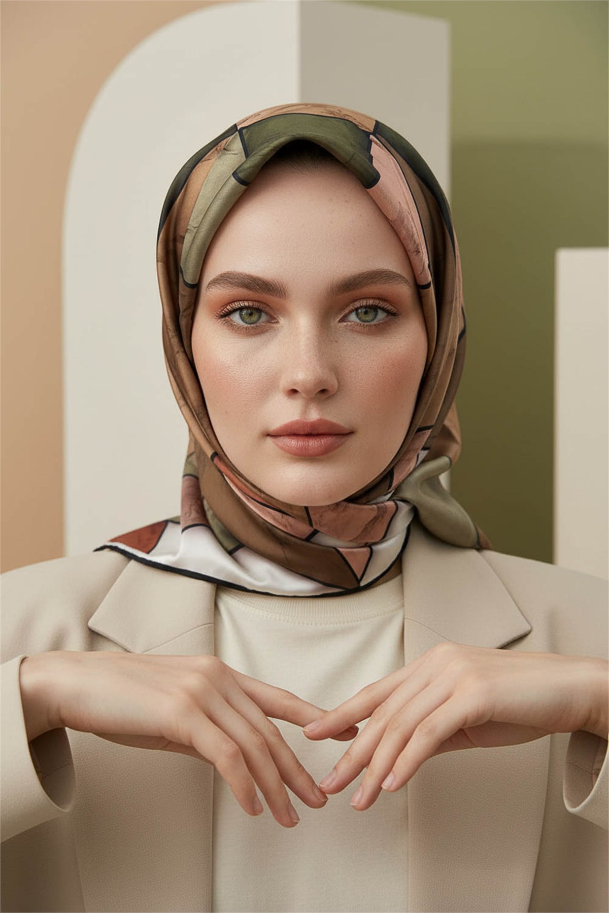 Rayon Mermer Desenli Bakır - Haki Renkli 90x90 Eşarp (İpek İçermez) Kenar Dikiş Şekli El Dikişli