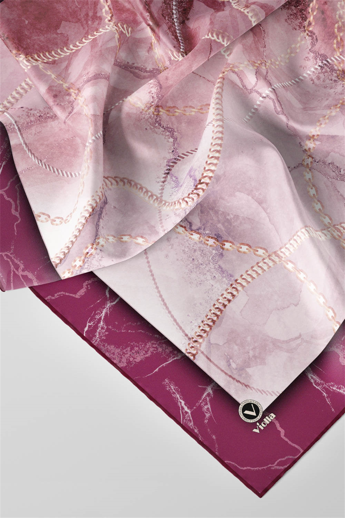 Twill Mermer ve Zincir Desenli Mürdüm Renkli 90x90 Eşarp (İpek İçermez) Kenar Dikiş Şekli El Dikişli