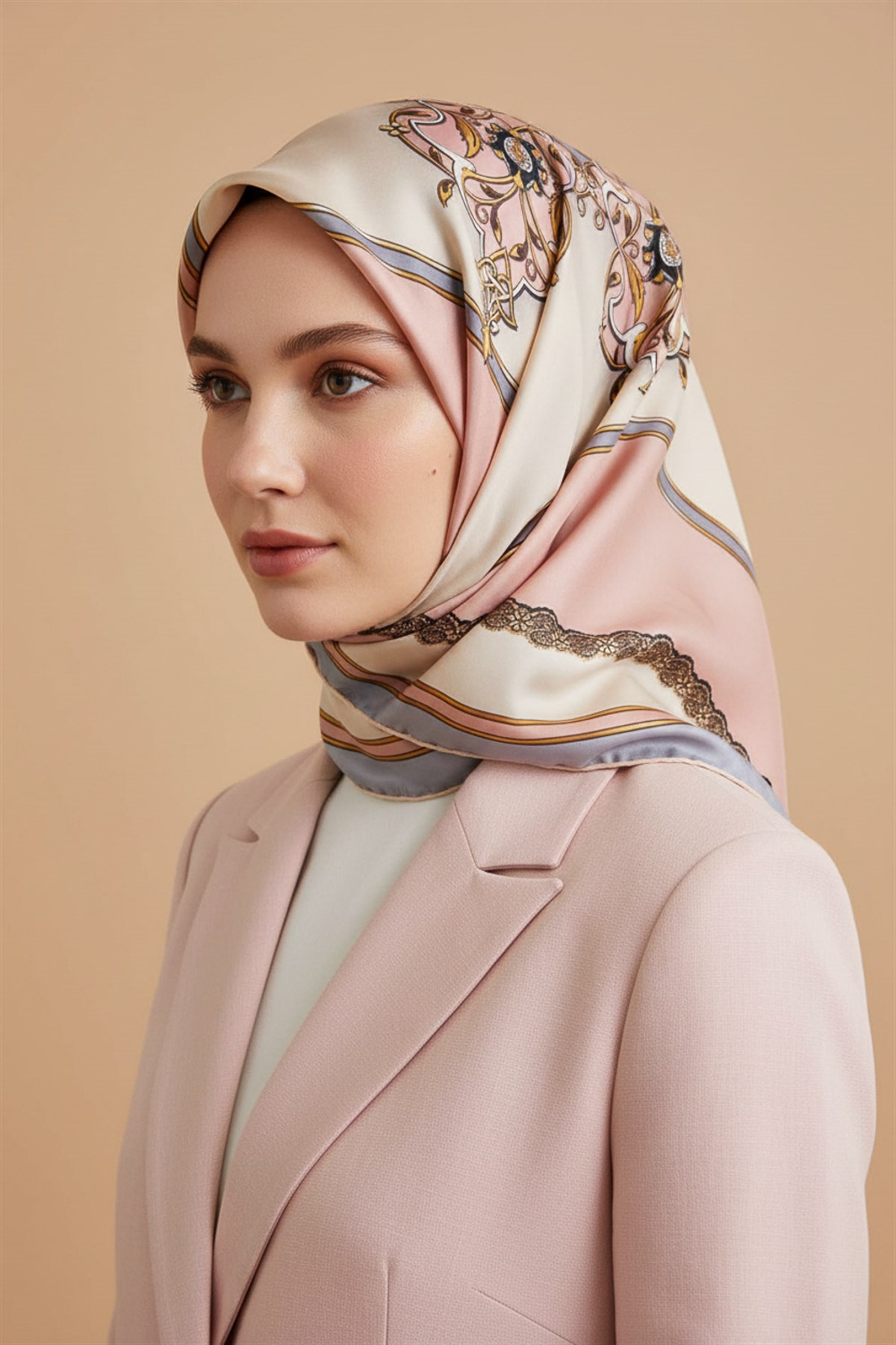 %100 Twill Barok Desenli Pudra - Gri Renkli 90x90 Eşarp Dikim Şekli: El Dikişi