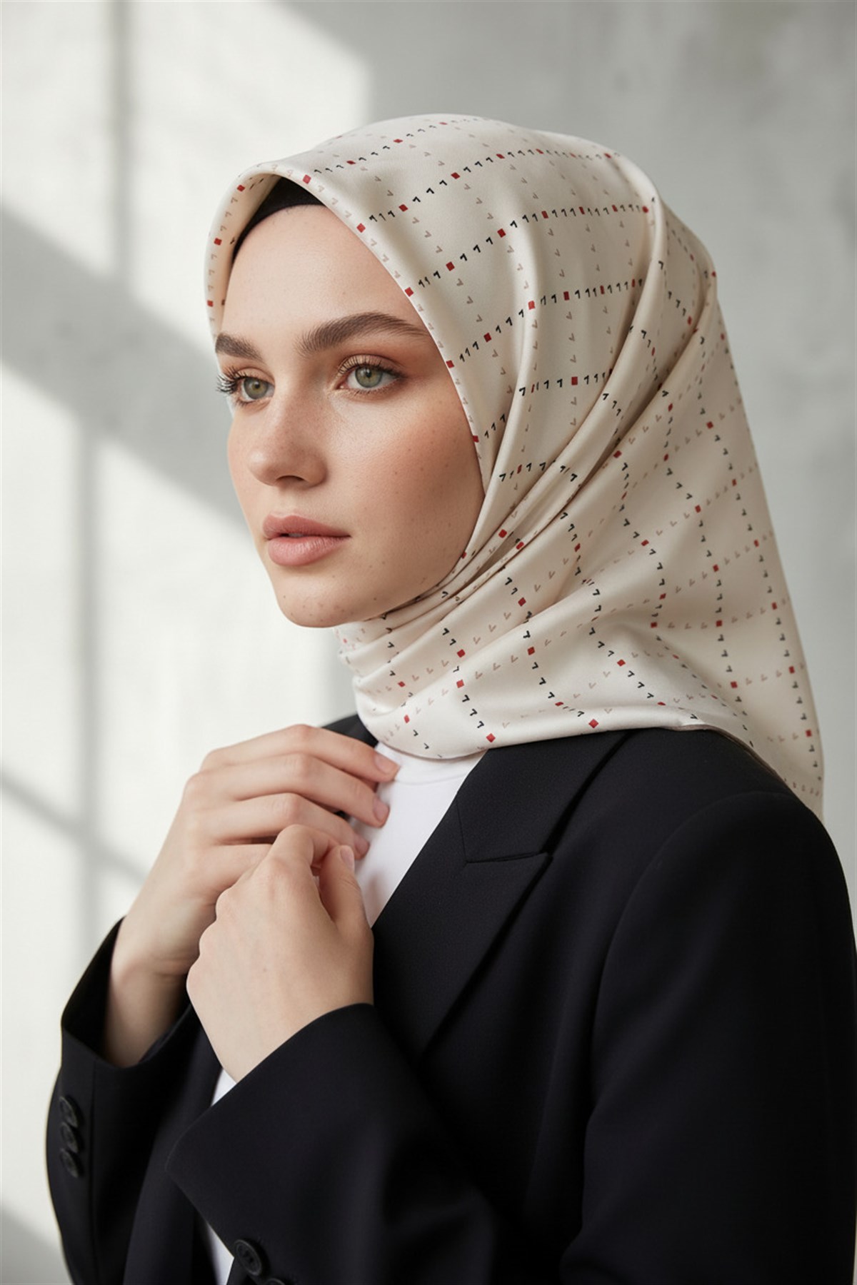 %100 Twill İpek Minik V Desenli Beyaz Renkli 90x90 Eşarp Dikim Şekli : El Dikişi