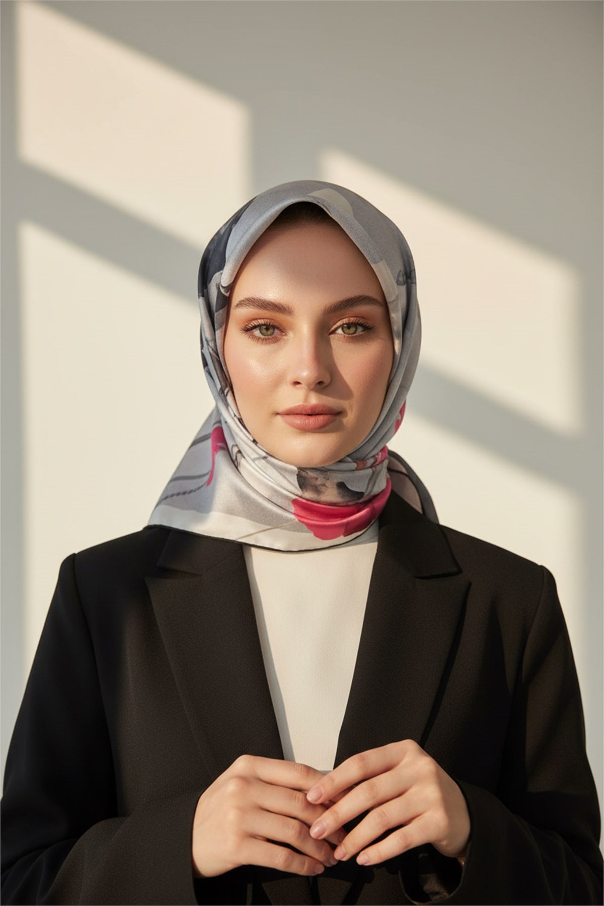 %100 Twill İpek Büyük Çiçek Desenli 90x90 Eşarp Dikim Şekli : El Dikişi