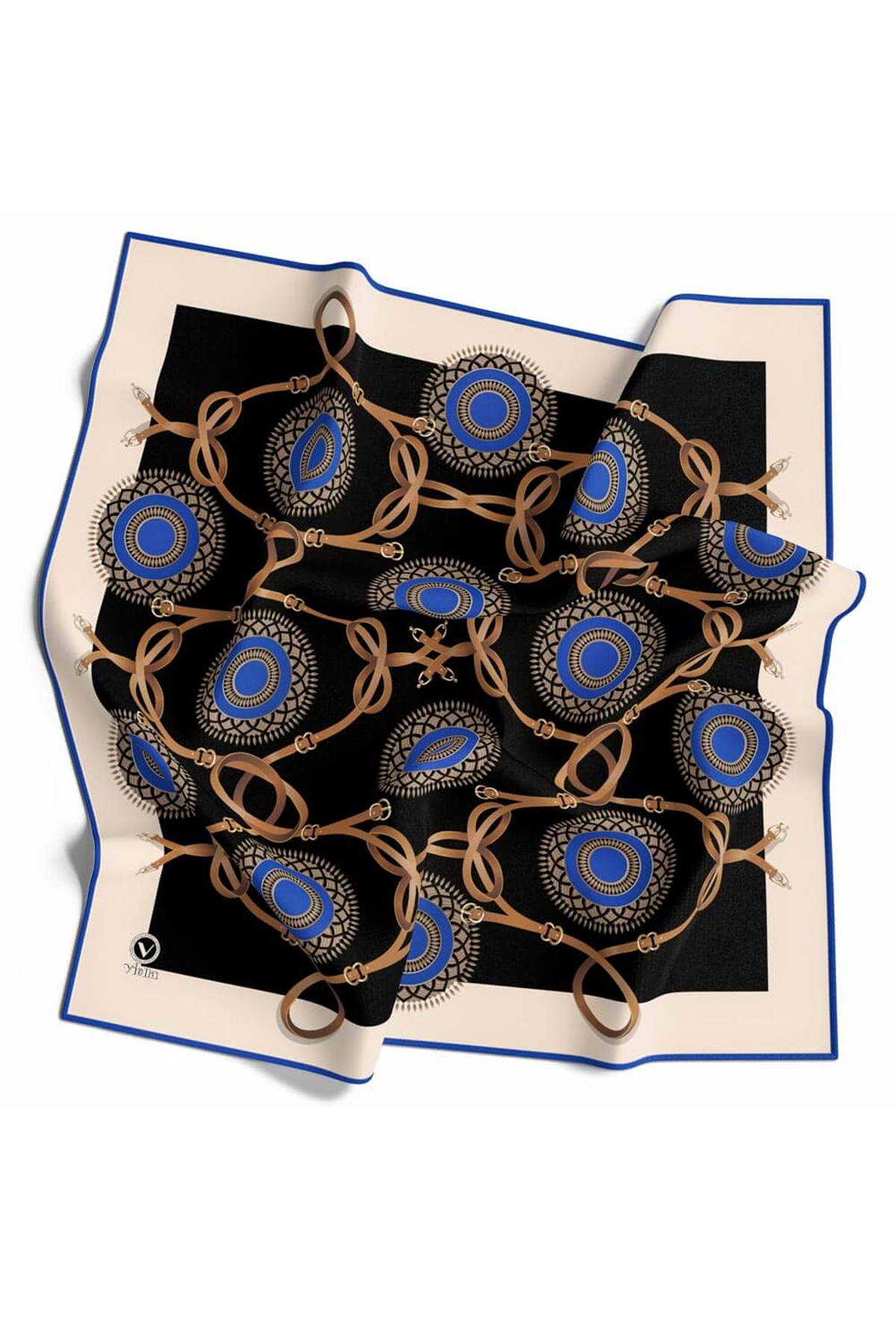 Twill Kemerli Ve Geometrik Desenli Saks Renkli 90x90 Eşarp (İpek İçermez) Kenar Dikiş Şekli El Dikişli