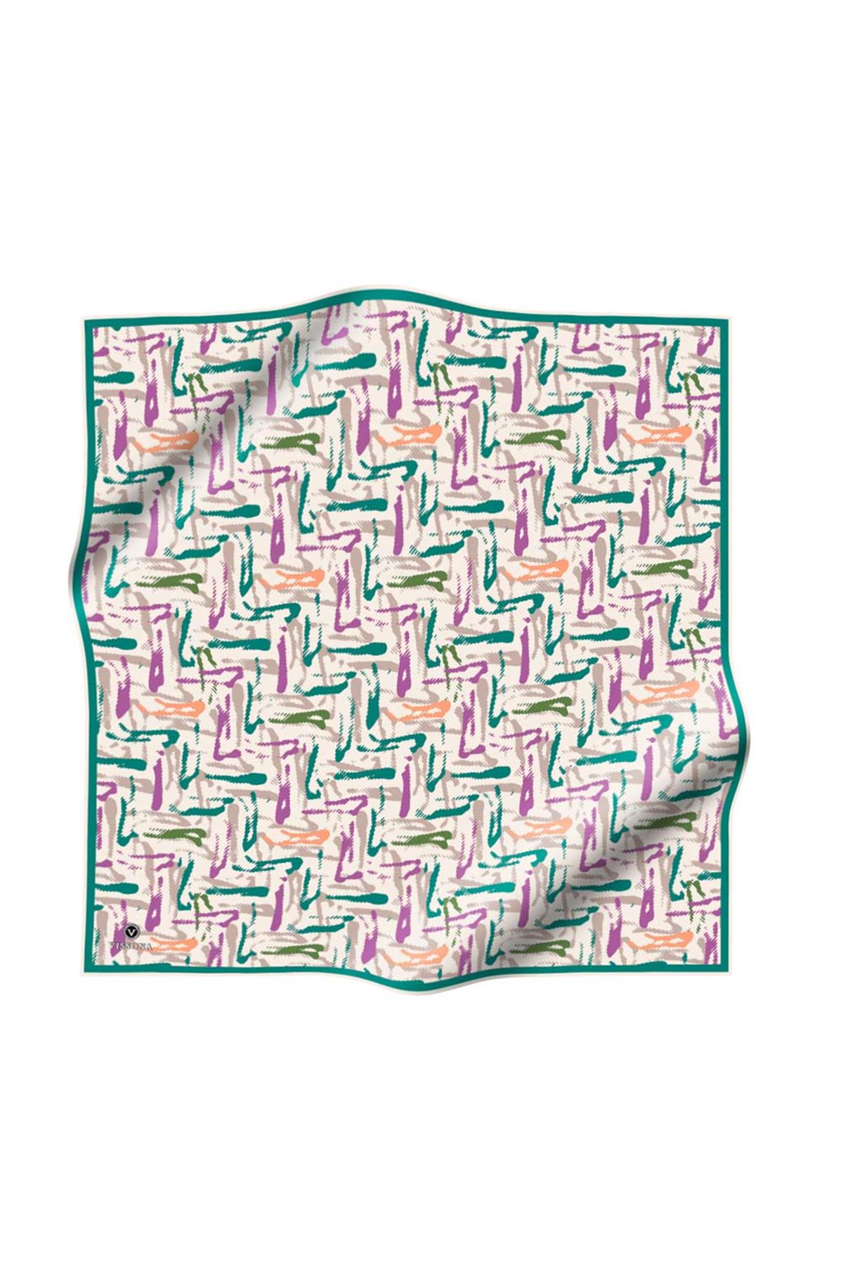 %100 Twill İpek Geometrik Desenli Petrol Yeşili - Mürdüm Renkli 90x90 Eşarp Dikim Şekli : El Dikişi
