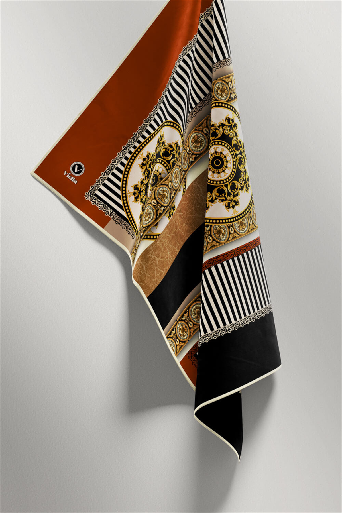 Twill Çizgili ve Barok Desenli Taba Renkli 90x90 Eşarp (İpek İçermez) Kenar Dikiş Şekli El Dikişli