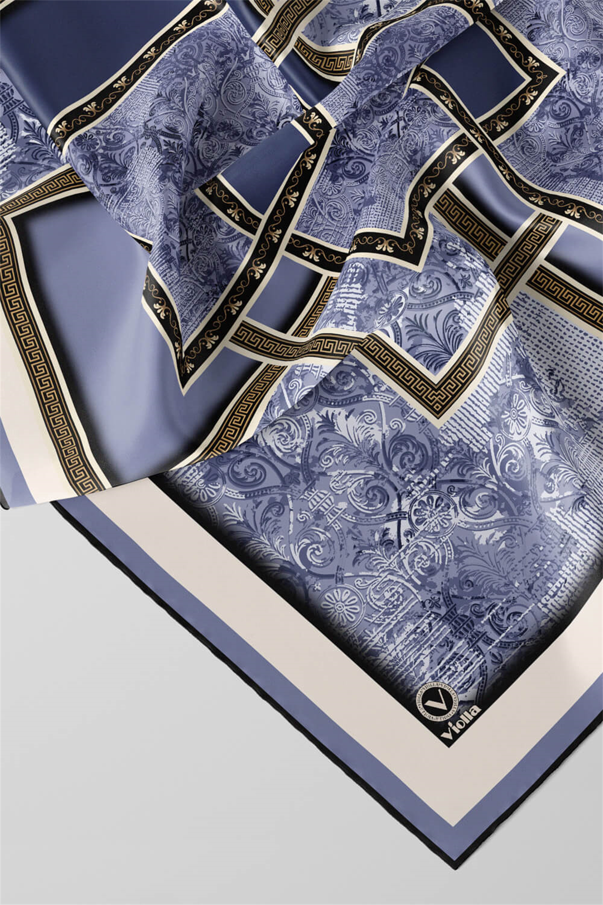 Twill Geometrik Desenli İndigo Renkli 90x90 Eşarp (İpek İçermez) Kenar Dikiş Şekli El Dikişli