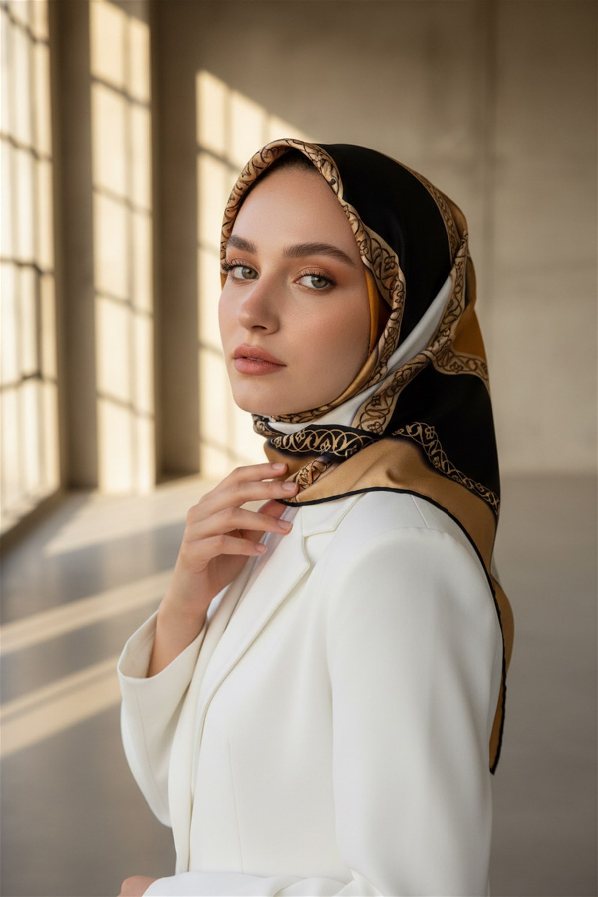 %100 Twill İpek Geometrik Desenli Gold - Siyah Renkli 90x90 Eşarp Dikim Şekli : El Dikişi