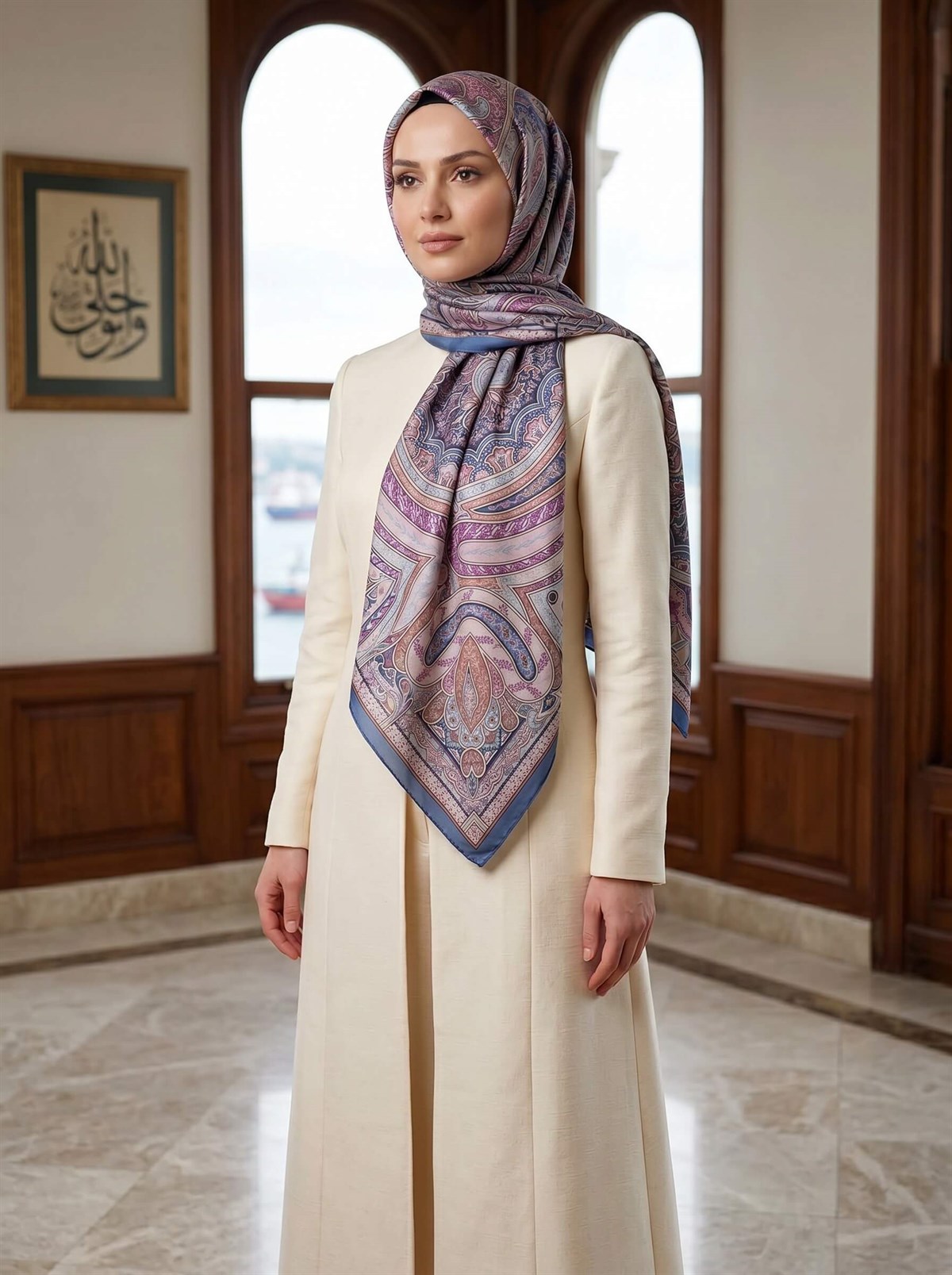 100% İpek Etro Desenli Saks - Pembe Renkli 92x210 Şal