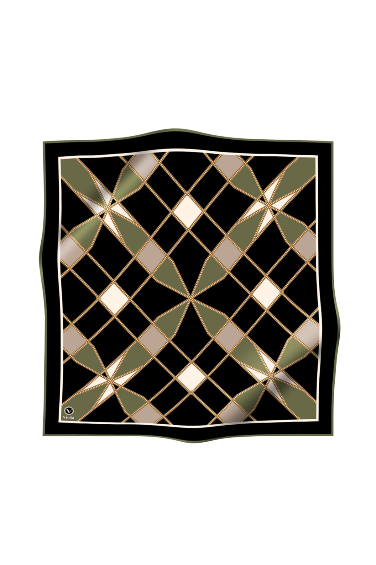 Twill Gold Detaylı Geometrik Çiçekli Desenli Haki Yeşil Renkli 90x90 Eşarp (İpek İçermez) Kenar Dikiş Şekli El Dikişli