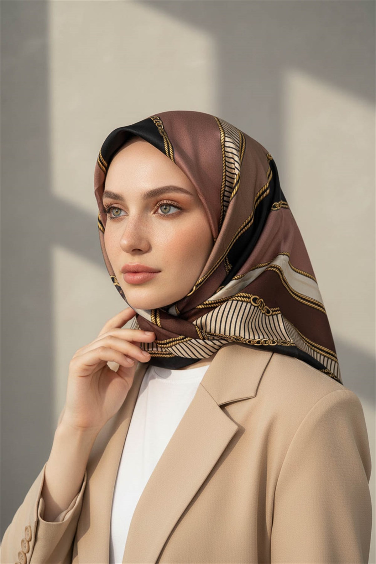 %100 Twill İpek Zincir Detaylı Geometrik Desenli Bej - Vizon Renkli 90x90 Eşarp Dikim Şekli : El Dikişi