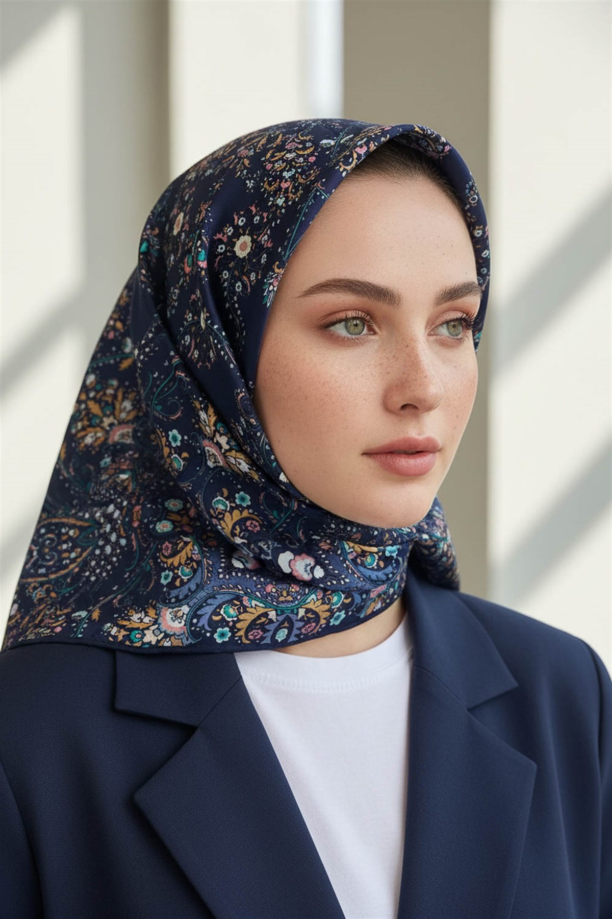 %100 Twill İpek Şal Desenli Lacivert - İndigo Renkli 90x90 Eşarp Dikim Şekli : El Dikişi