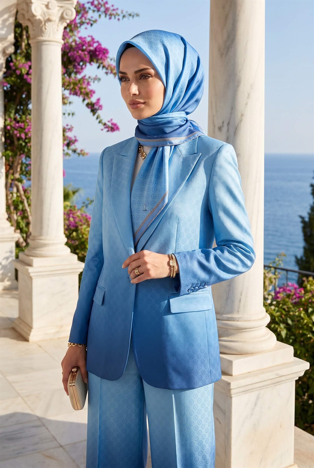 %100 Twill İpek Monogram Desenli Bebe Mavisi Renkli 90x90 Eşarp Dikim Şekli : El Dikişi