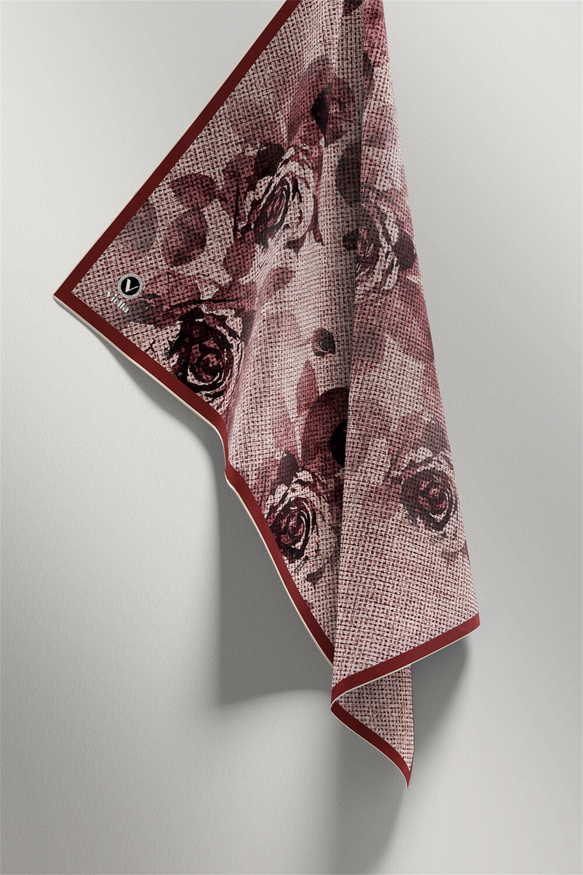 Twill Gül Desenli Pembe Renkli 90x90 Eşarp (İpek İçermez) Kenar Dikiş Şekli El Dikişli