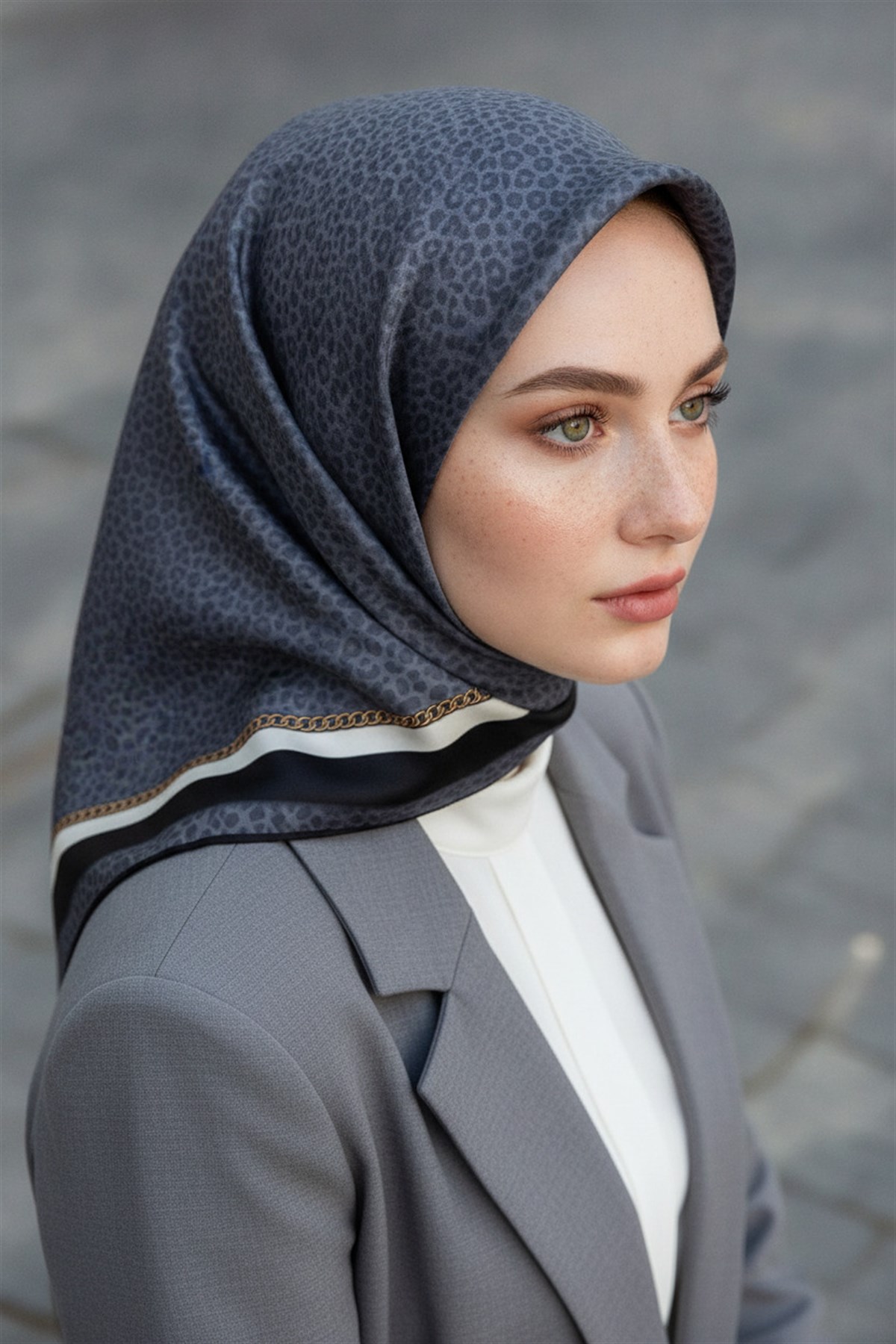 %100 Twill İpek Leopar Desenli Gri Renkli 90x90 Eşarp Dikim Şekli : El Dikişi