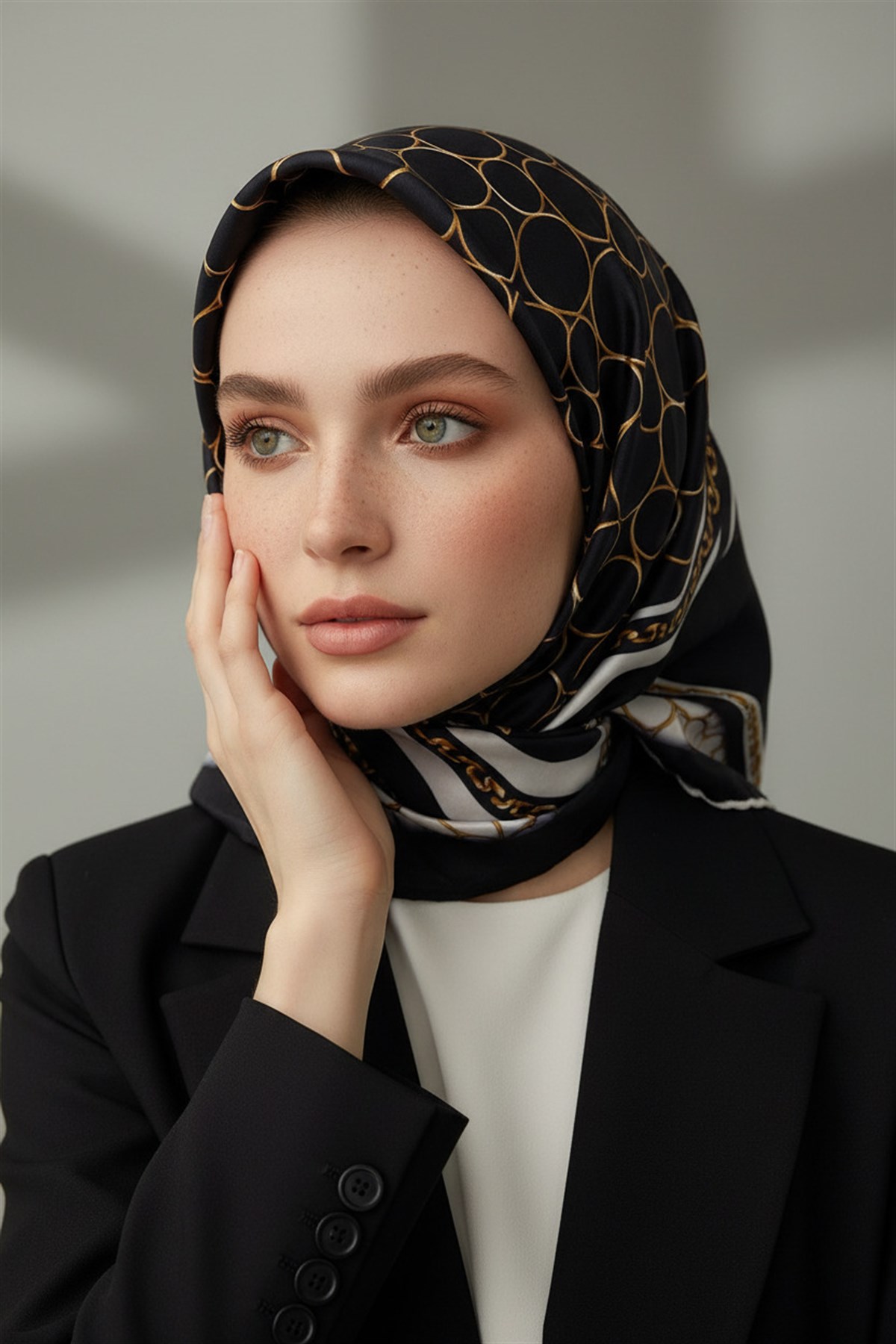 %100 Twill İpek Gold Halka Desenli Siyah - Krem Renkli 90x90 Eşarp Dikim Şekli : El Dikişi