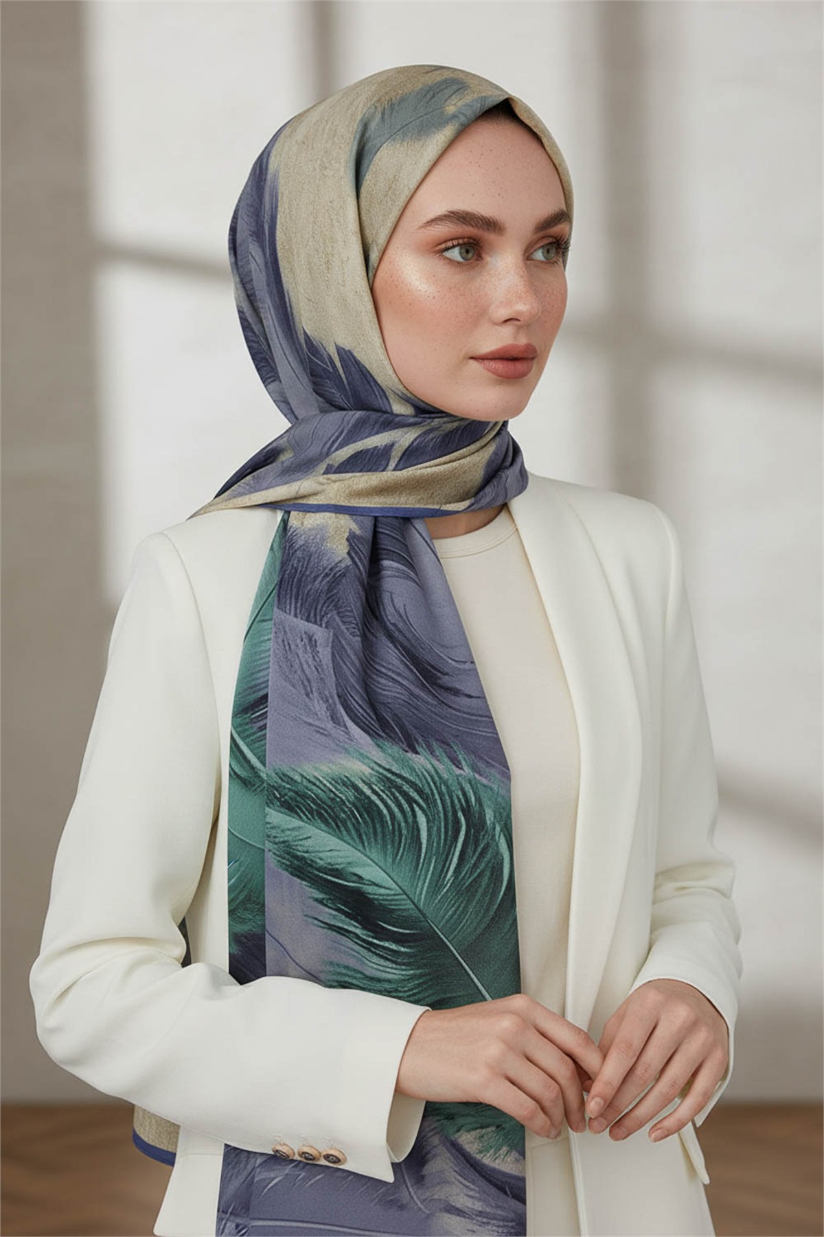 KREP YAPRAK DESENLİ İNDİGO RENKLİ 75X195 KIRIŞMAZ ŞAL