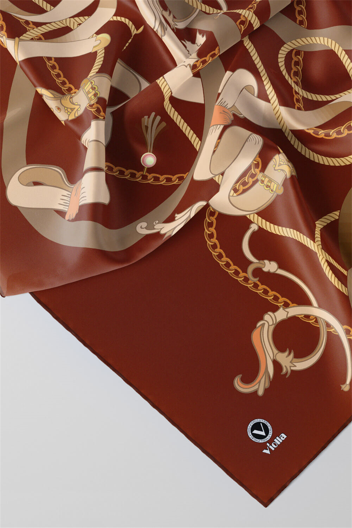 Twill Kemerli Ve Zincir Desenli Taba Renkli 90x90 Eşarp (İpek İçermez) Kenar Dikiş Şekli El Dikişli