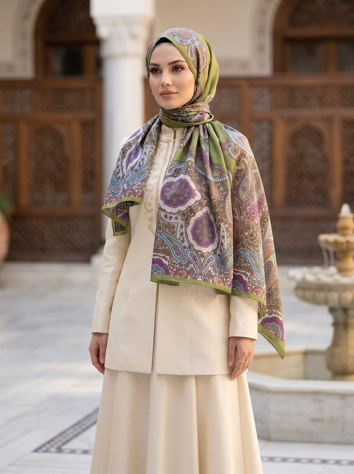 100% İpek Etro Desenli Haki Renkli 92x210 Şal
