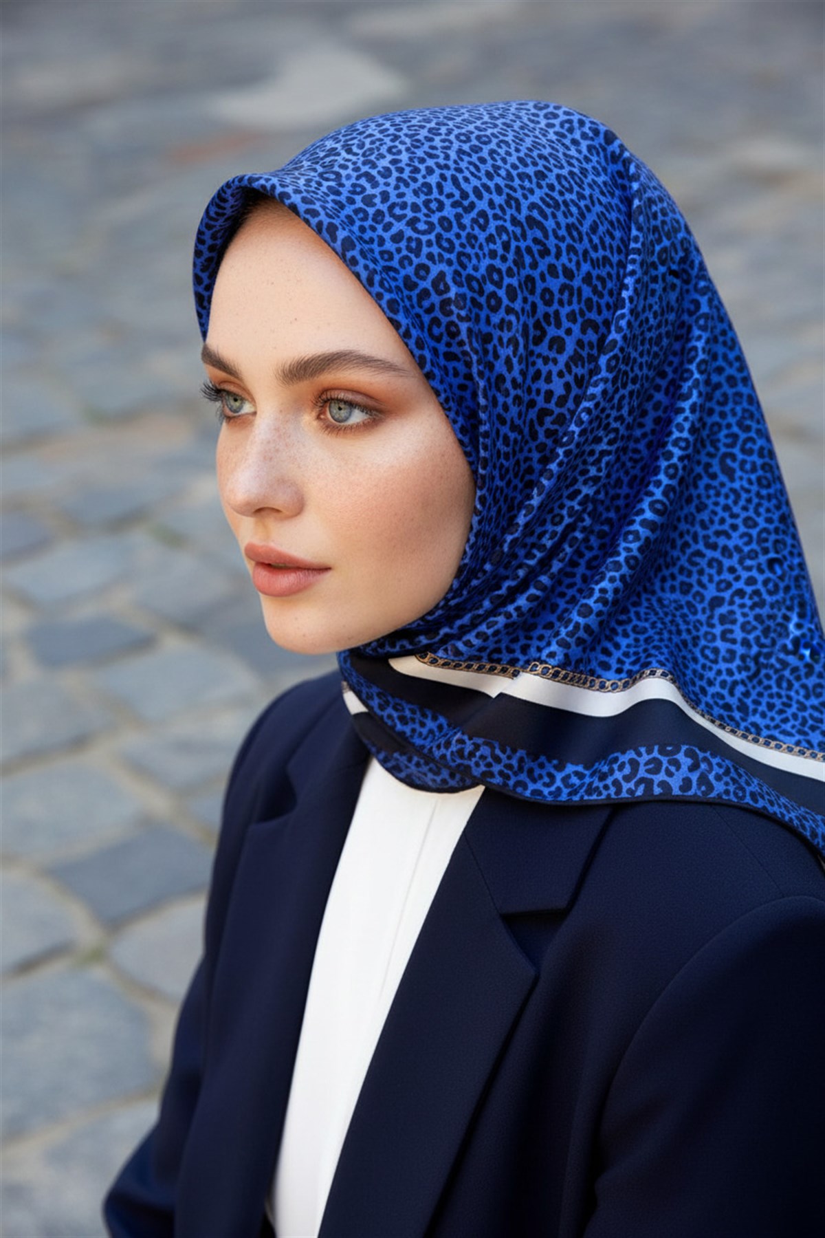 %100 Twill İpek Leopar Desenli Saks Renkli 90x90 Eşarp Dikim Şekli : El Dikişi