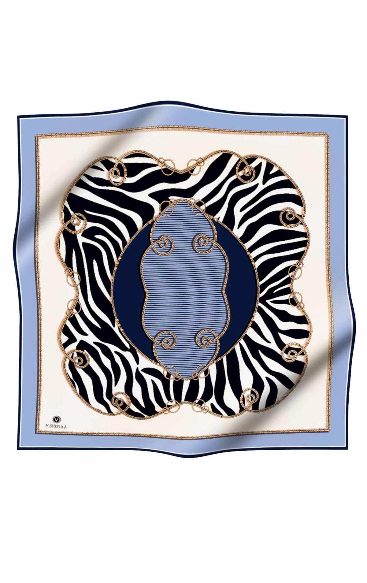 %100 Twill İpek Zincirli Ve Zebra Desenli Bebe Mavisi - Lacivert Renkli 90x90 Eşarp Dikim Şekli : El Dikişi