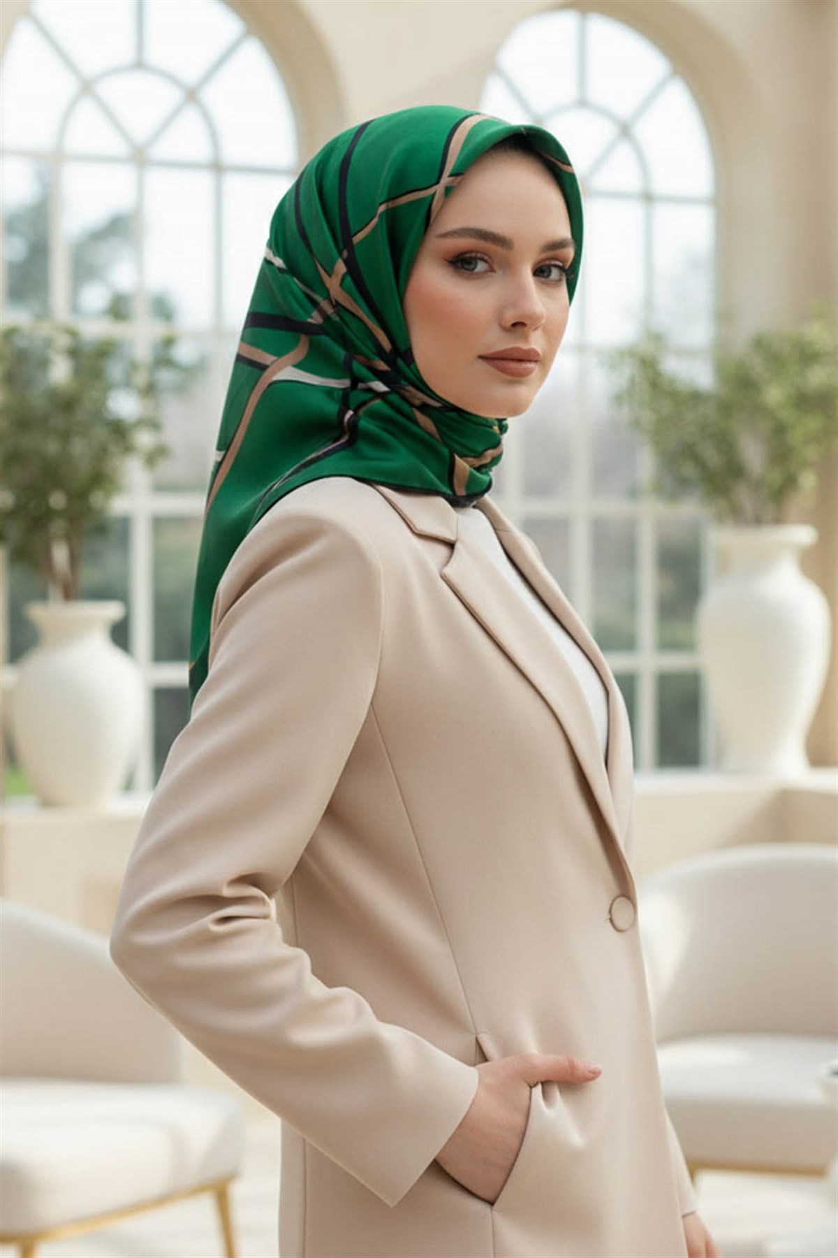 %57 İPEK %43 VİSKON Twill İpek Çizgili Desenli Zümrüt Yeşili - Siyah Renkli 90x90 Eşarp Dikim Şekli : El Dikişi