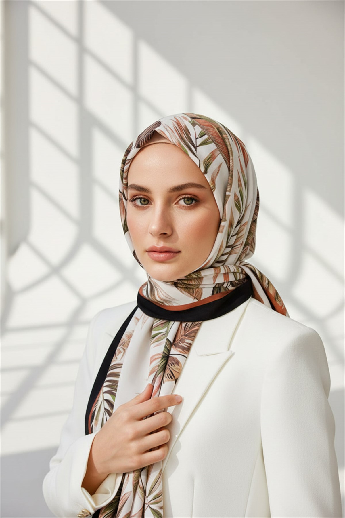 KREP YAPRAK DESENLİ HAKİ - TABA RENKLİ 75X195 KIRIŞMAZ ŞAL