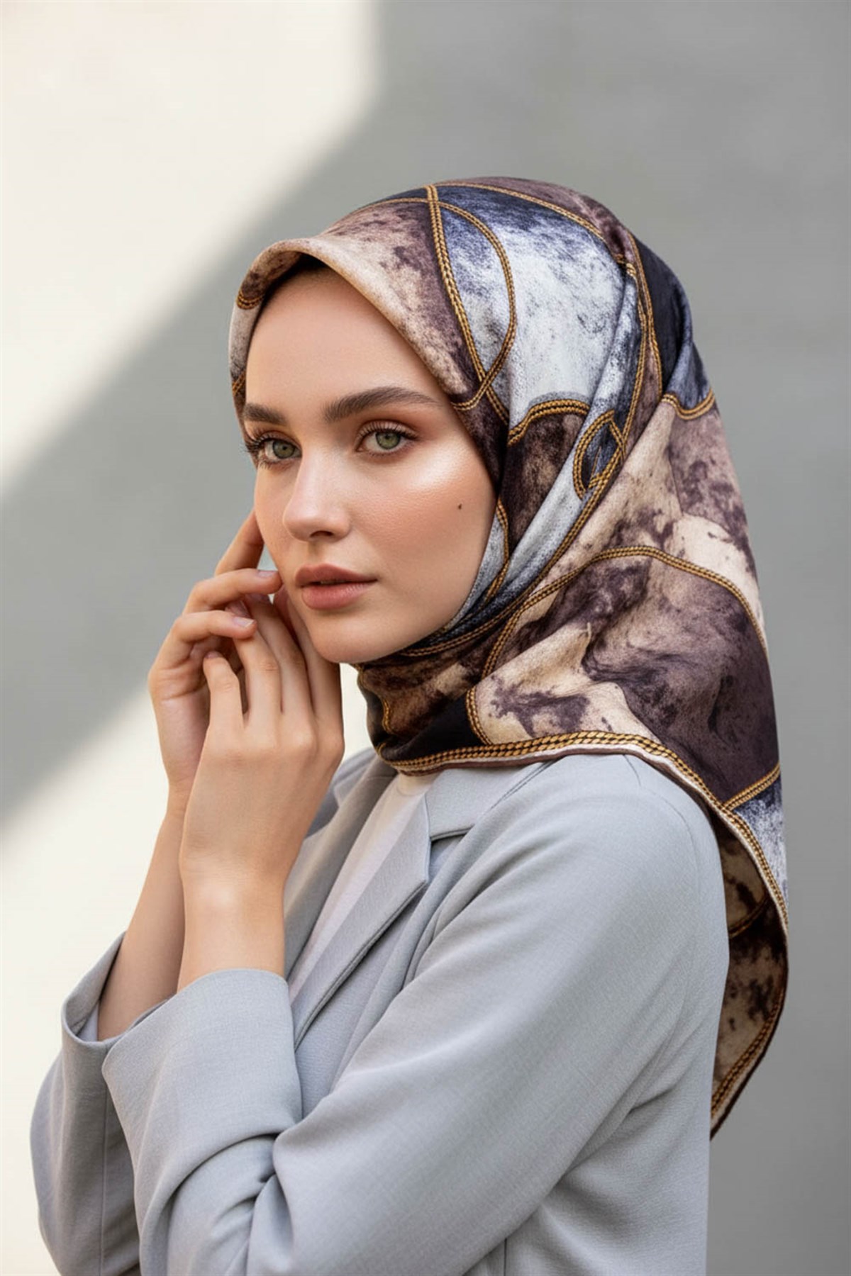 %100 Twill İpek Zincirli Mermer Desenli Bej - Gri Renkli 90x90 Eşarp Dikim Şekli : El Dikişi