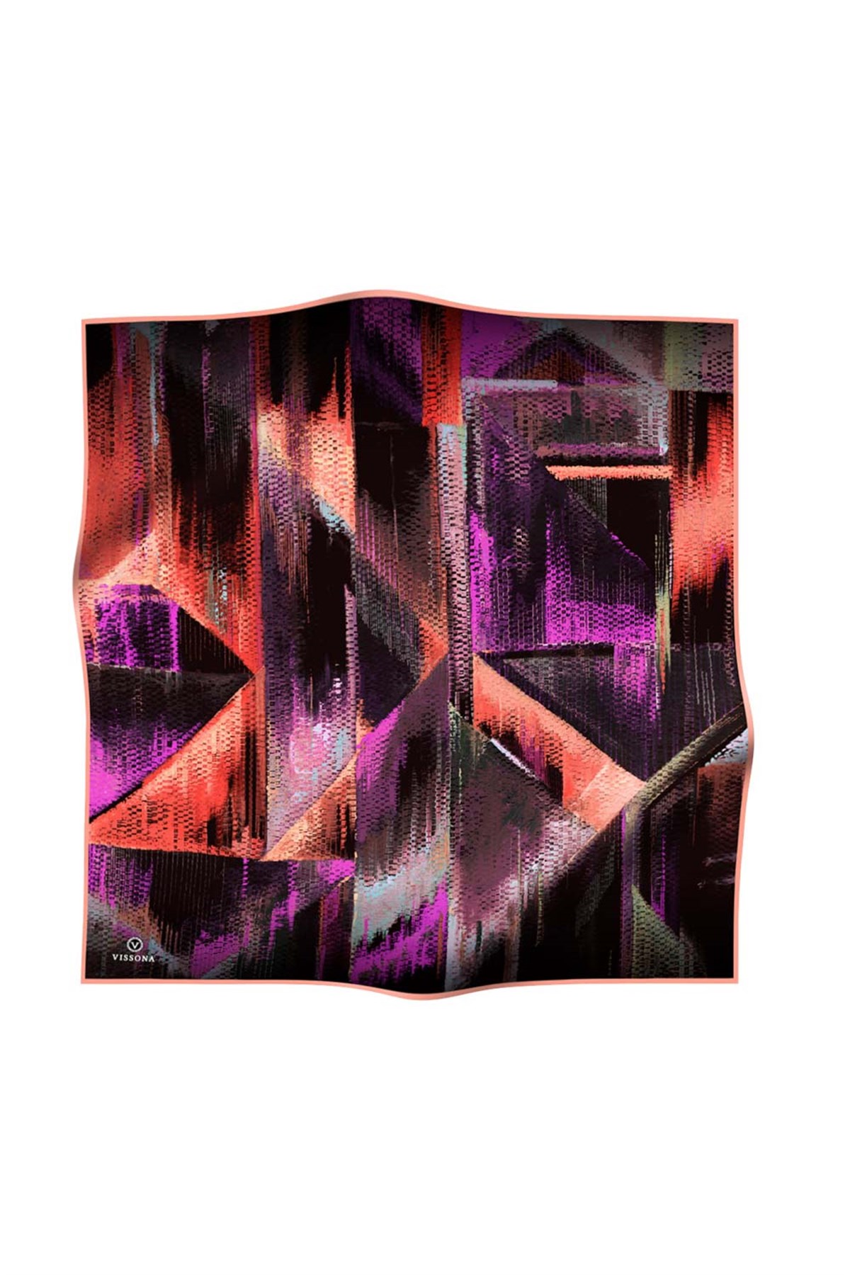 %100 Twill İpek Efektli ve Geometrik Desenli Siyah - Nar Çiçeği Renkli 90x90 Eşarp Dikim Şekli : El Dikişi
