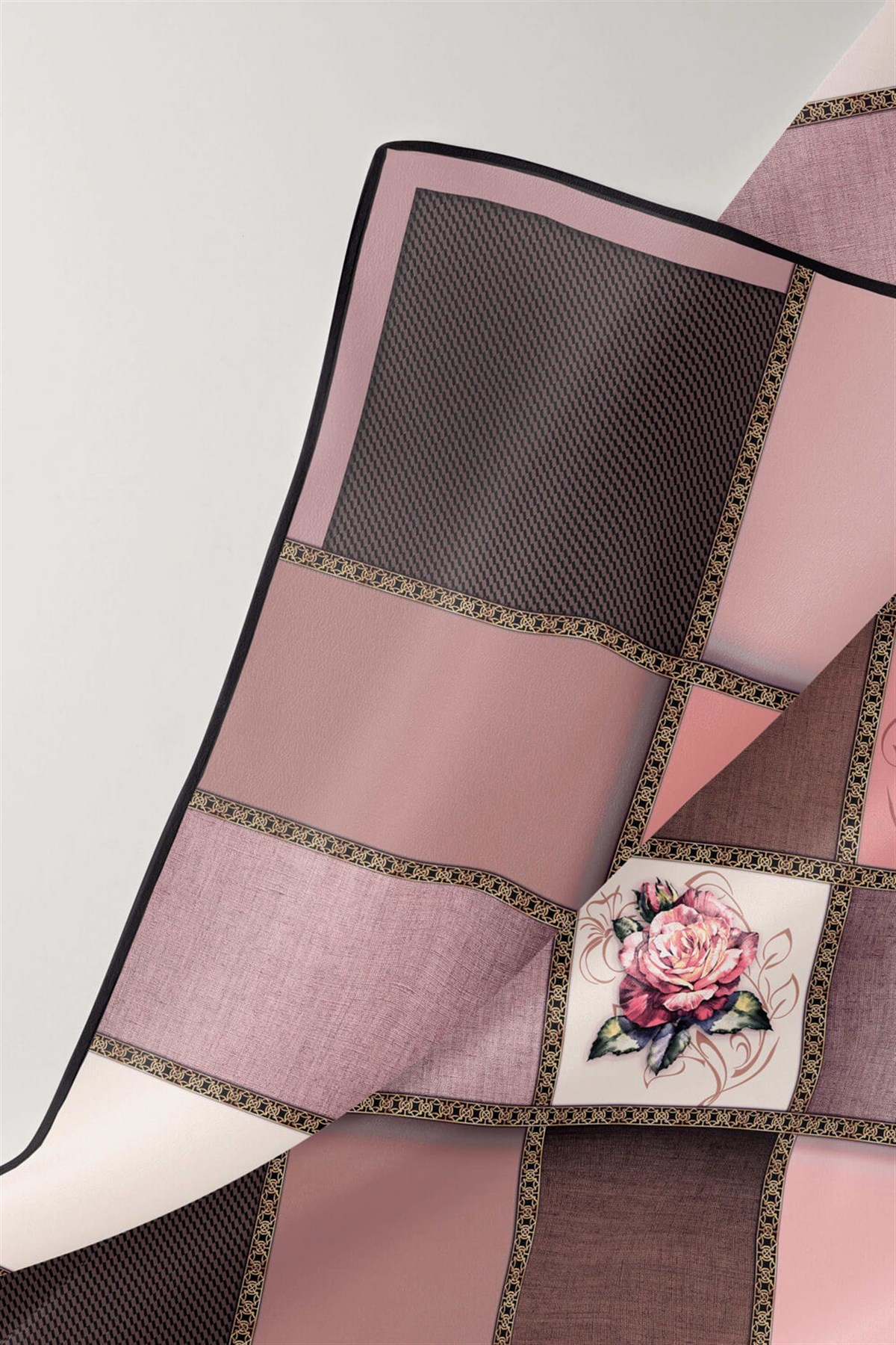 %100 Twill İpek Dokulu Çiçekli Ve Geometrik Desenli Pudra - Bej Renkli 90x90 Eşarp Dikim Şekli : El Dikişi