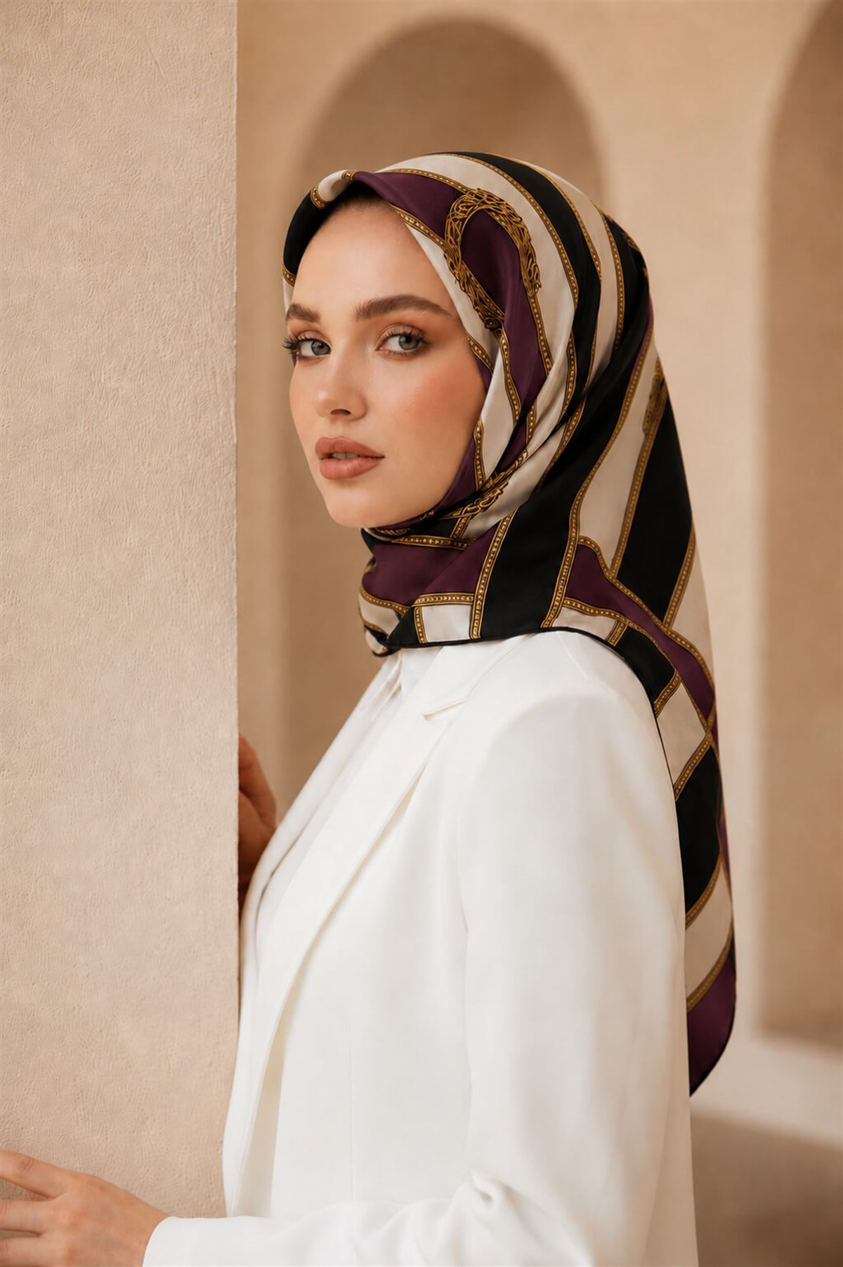 %100 Twill İpek Kemer Desenli Siyah - Mürdüm Renkli 90x90 Eşarp Dikim Şekli : El Dikişi
