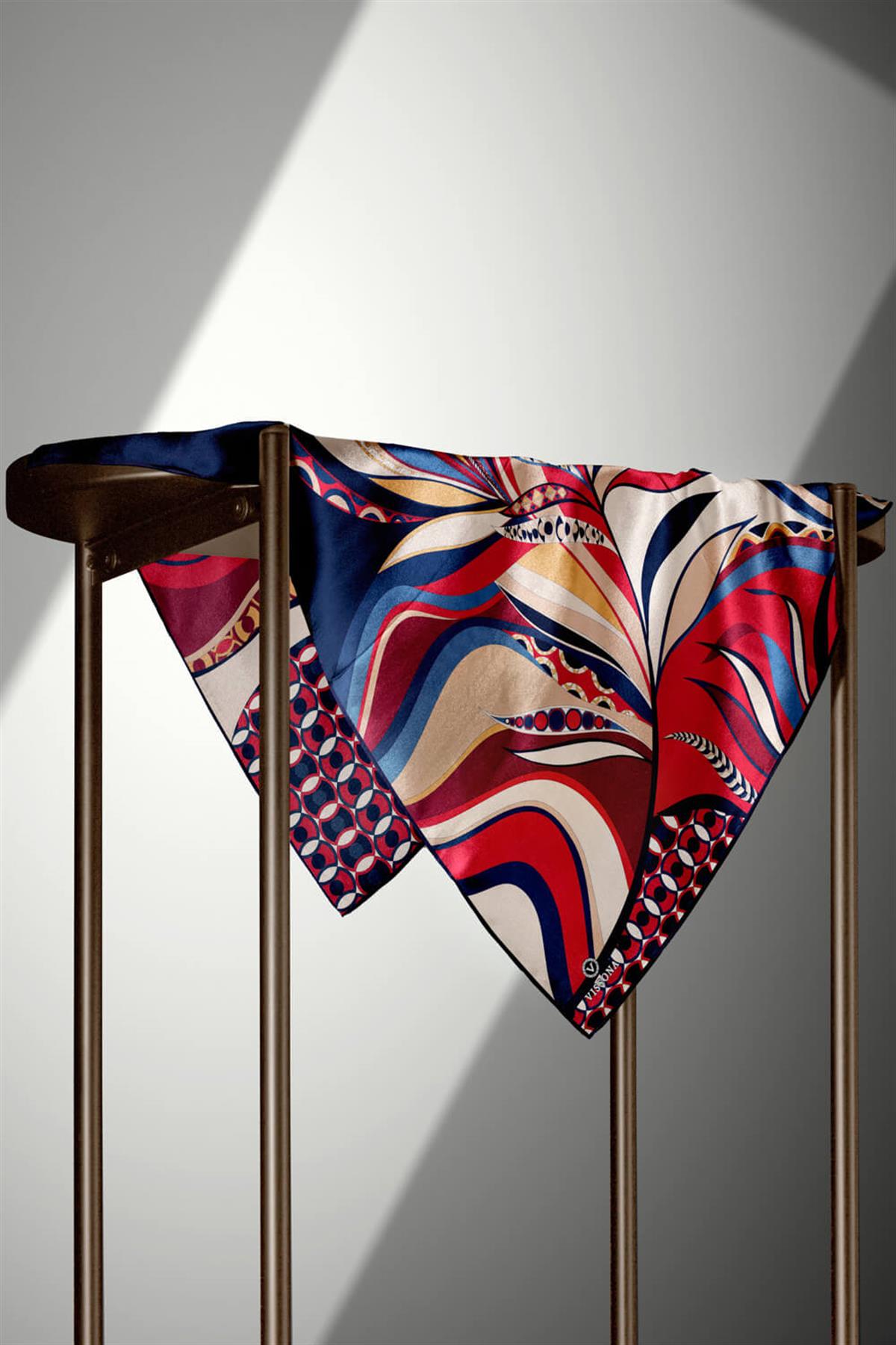 100% Twill Etnik Yaprak Desenli Bordo - Lacivert Renkli 90x90 Dikim Şekli : El Dikişi Eşarp