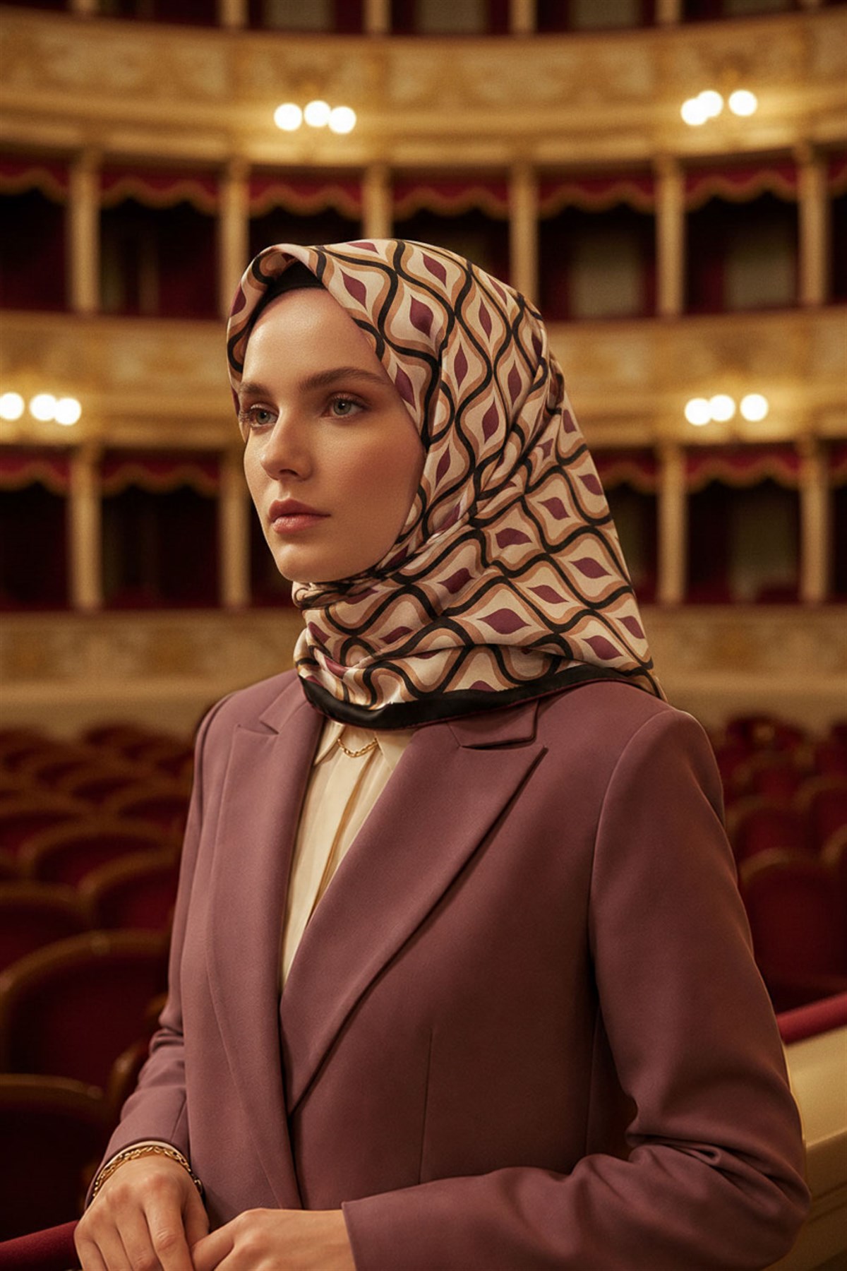 %100 Twill İpek Etnik Desenli Gül Kurusu Renkli 90x90 Eşarp Dikim Şekli : El Dikişi