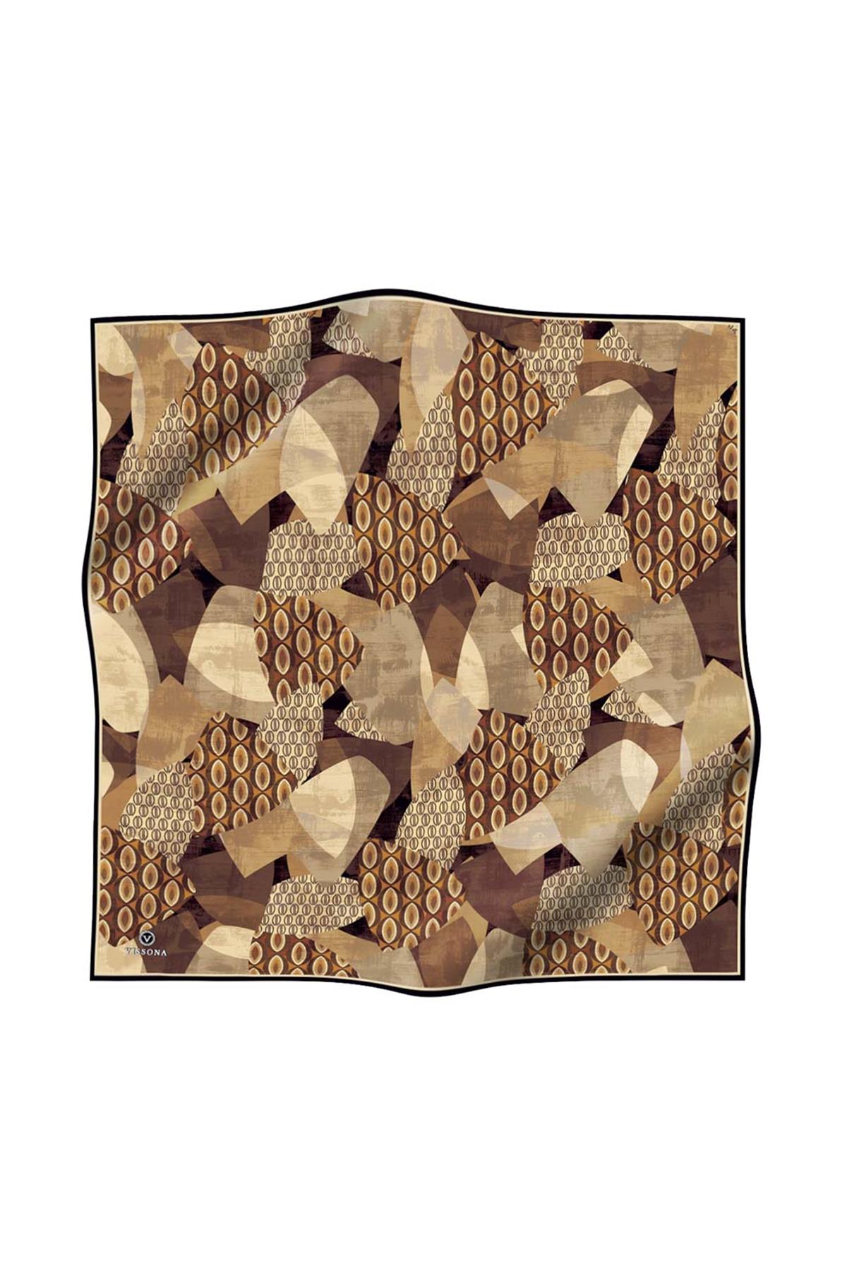 %100 Twill İpek Geometrik Desenli Gül Kurusu - Vizon Renkli 90x90 Eşarp Eşarp Kenar Dikiş Şekli El Dikişli