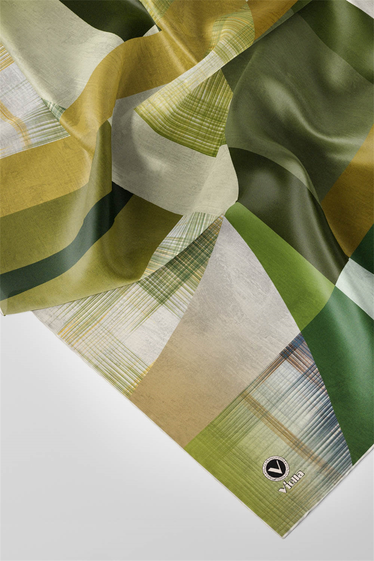 Twill Geometrik Desenli Haki Renkli 90x90 Eşarp (İpek İçermez) Kenar Dikiş Şekli El Dikişli