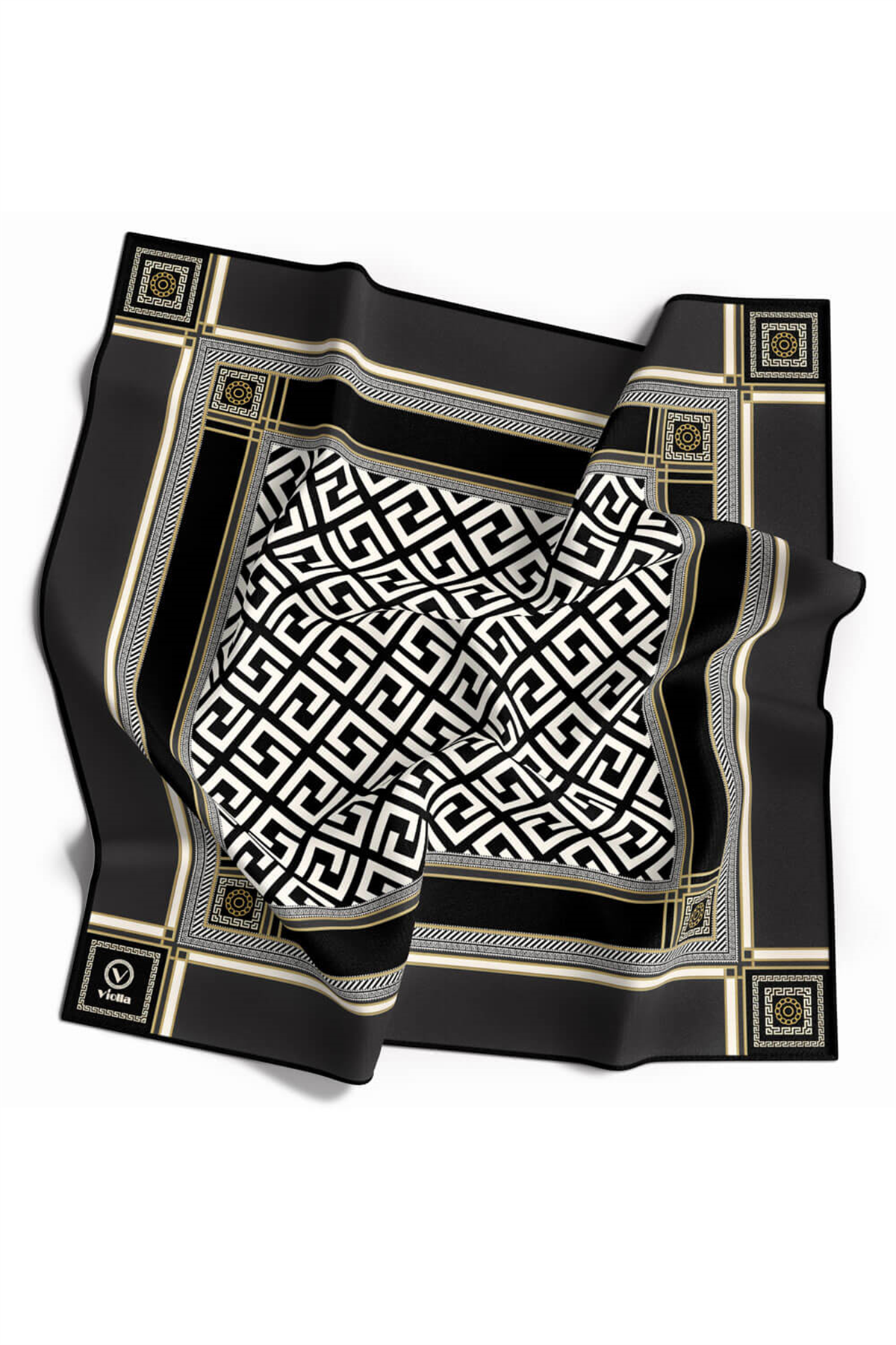 Twill Antik Desenli Füme Renkli 90x90 Eşarp (İpek İçermez) Kenar Dikiş Şekli El Dikişli