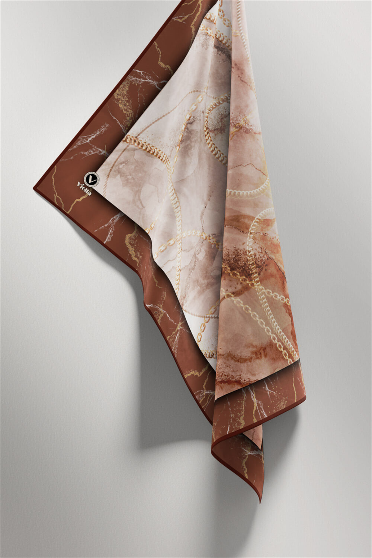 Twill Mermer ve Zincir Desenli Bakır Renkli 90x90 Eşarp (İpek İçermez) Kenar Dikiş Şekli El Dikişli