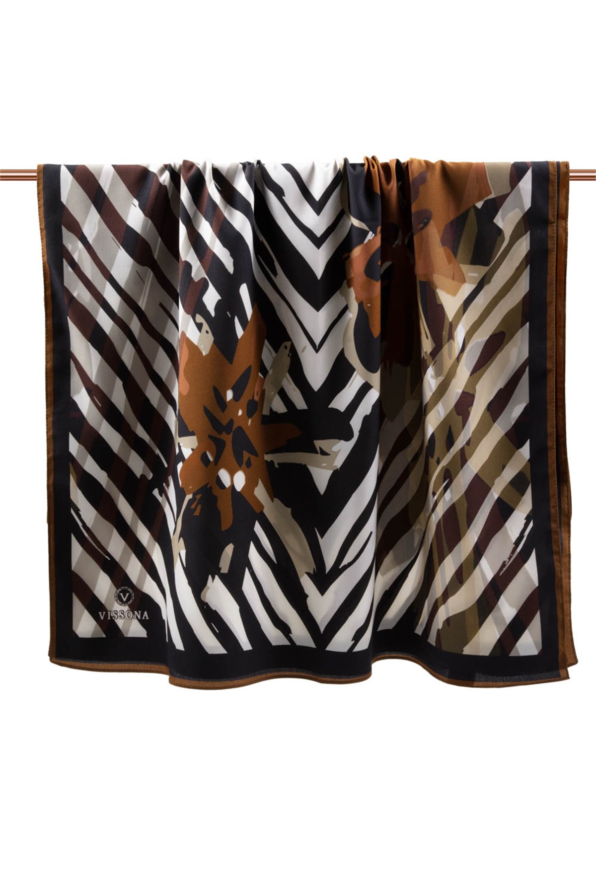 KREP ZEBRA VE ÇİÇEK DESENLİ KAHVERENGİ RENKLİ 75X195 KIRIŞMAZ ŞAL