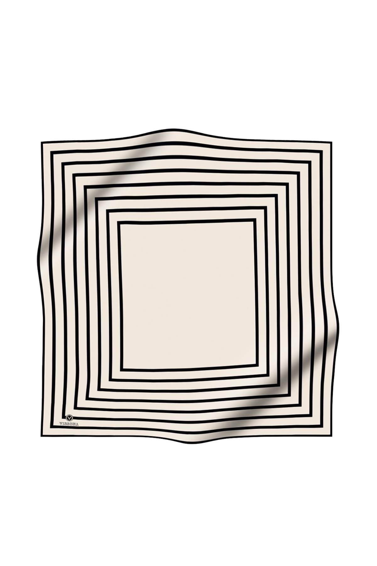%100 Twill İpek Çizgili Desenli Krem - Siyah Renkli 90x90 Eşarp Dikim Şekli : El Dikişi