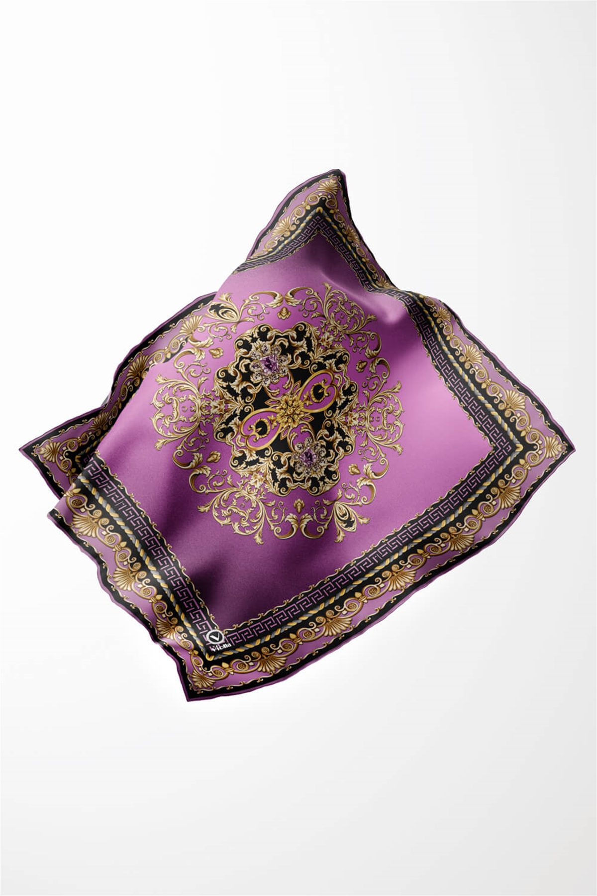Twill Barok Desenli Lila Renkli 90x90 Eşarp (İpek İçermez) Dikim Şekli : El Dikişi
