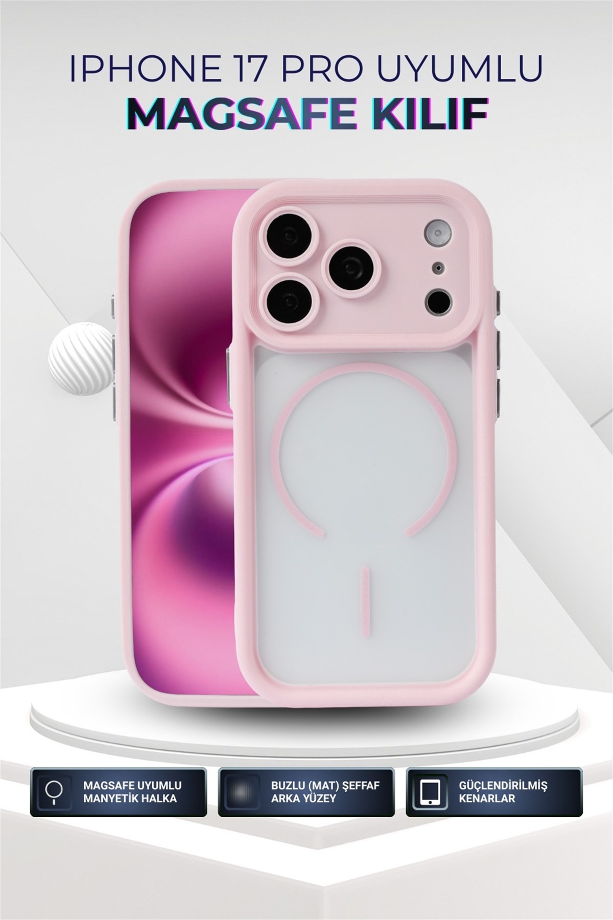 iPhone 17 Pro Max in Pink Kılıf – Kamera Korumalı – MagSafe Uyumlu – Pembe Renk – Mat Silikon Telefon Kılıfı