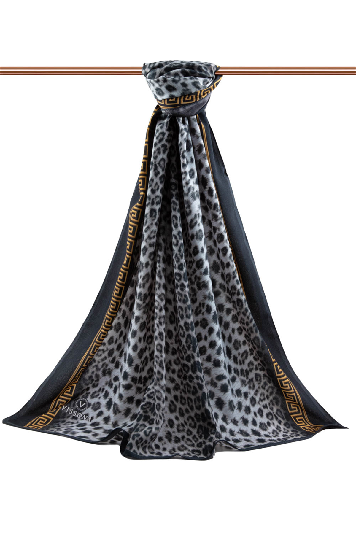 LÜKS MEDİNE BAROK BARDÜRLÜ LEOPAR DESENLİ SİYAH - GRİ RENKLİ 75X195 KIRIŞMAZ ŞAL MOSS KREP DİKİŞ TİPİ İTALYAN DİKİŞLİ