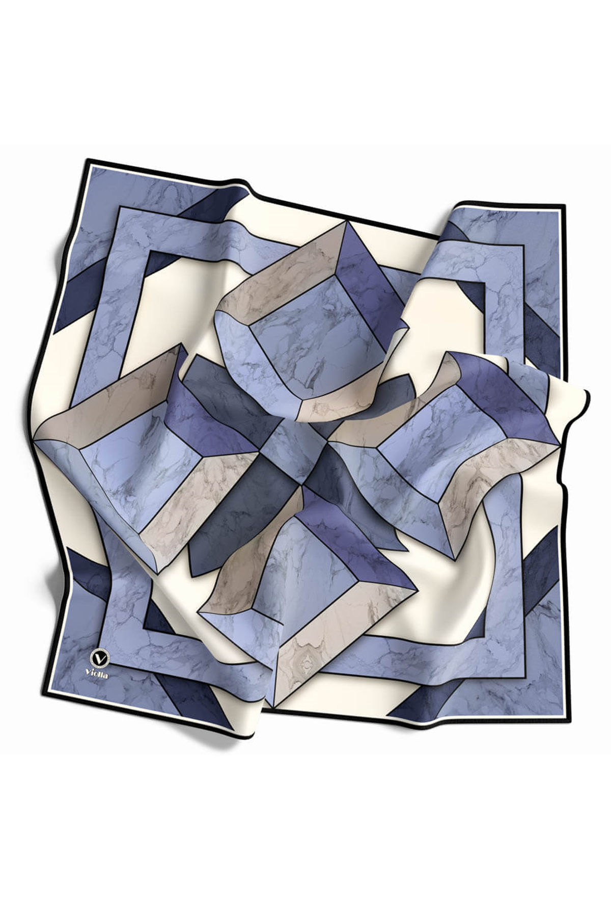 Twill Mermer Desenli İndigo - Lacivert Renkli 90x90 Eşarp (İpek İçermez) Kenar Dikiş Şekli El Dikişli