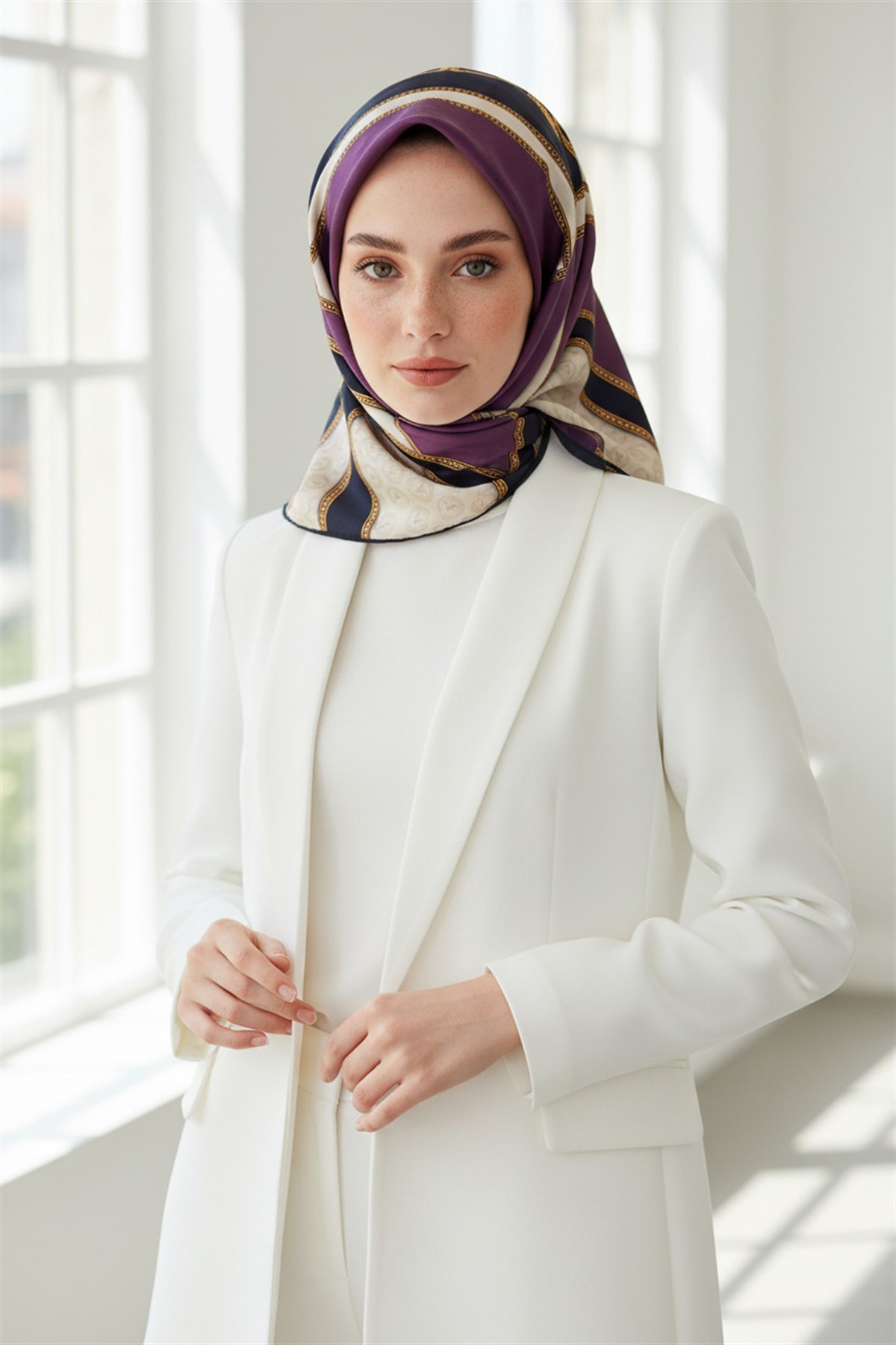 %100 Twill İpek Monogram ve Barok Desenli Lila - Lacivert Renkli 90x90 Eşarp Dikim Şekli : El Dikişi
