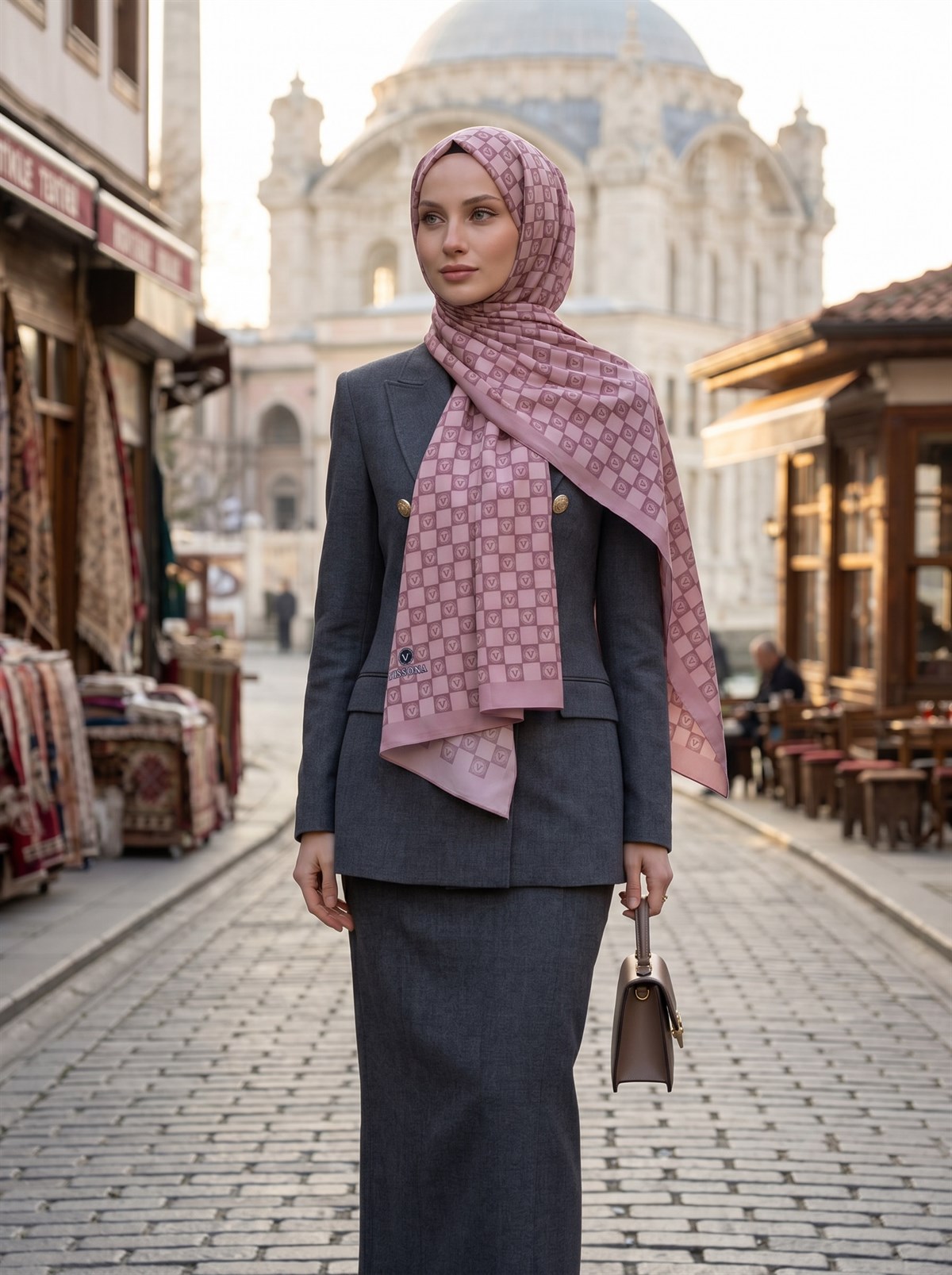 KREP MONOGRAM DESENLİ PUDRA RENKLİ 75X195 KIRIŞMAZ ŞAL