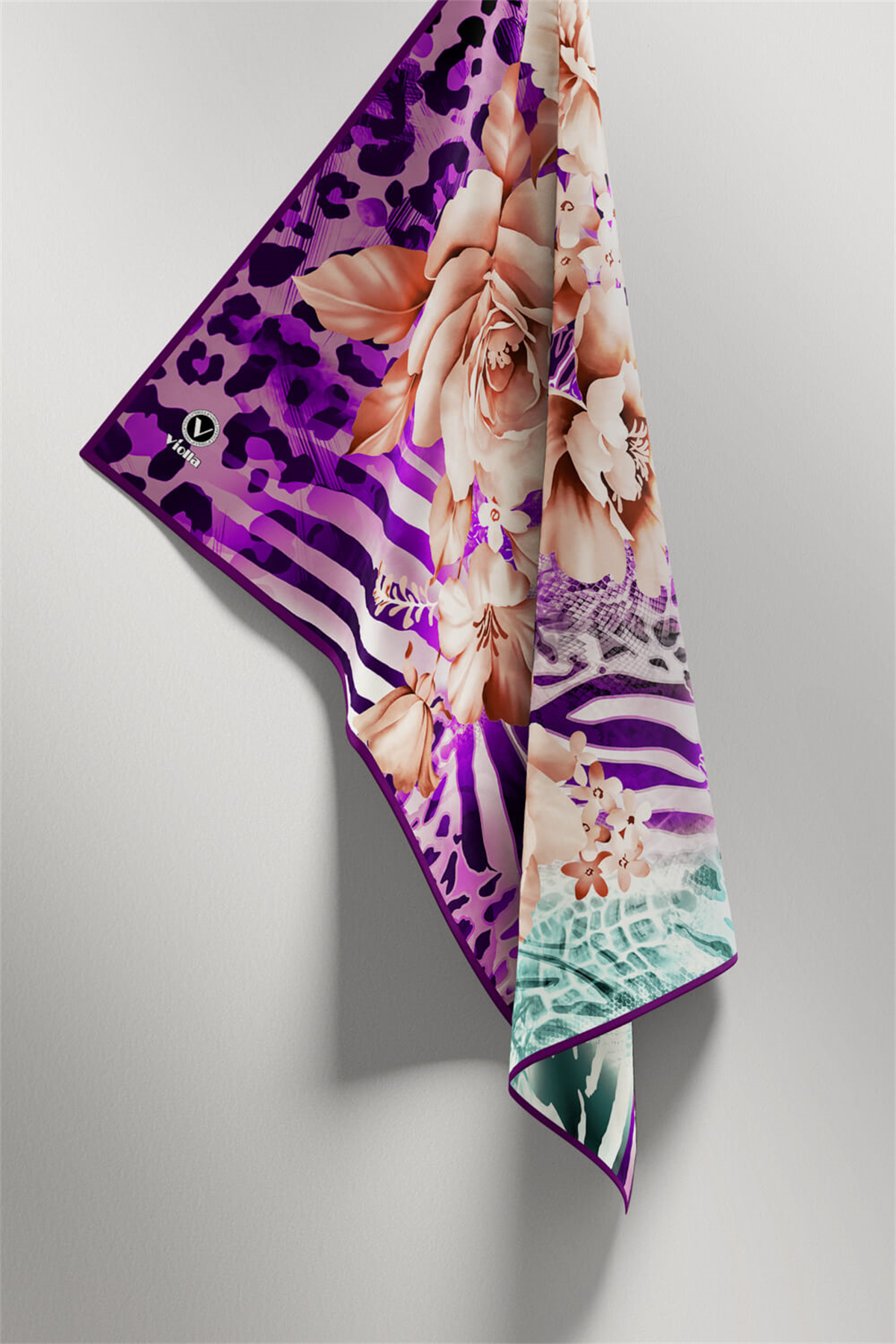 Twill Renkli Şerit Desenli Mor Renkli 90x90 Eşarp (İpek İçermez) Kenar Dikiş Şekli El Dikişli