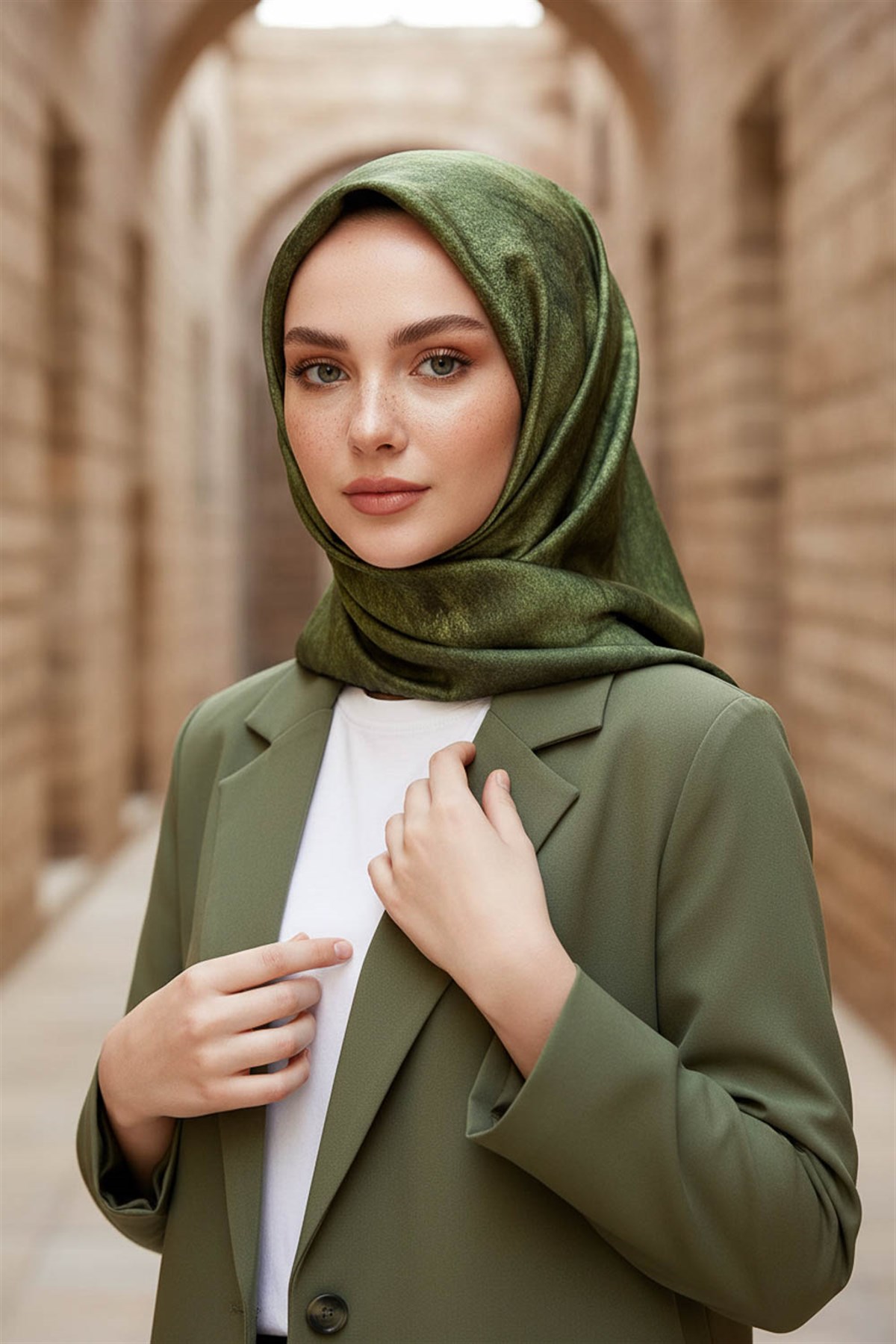 %100 Twill İpek Doku Desenli Haki Renkli 90x90 Eşarp Dikim Şekli : El Dikişi