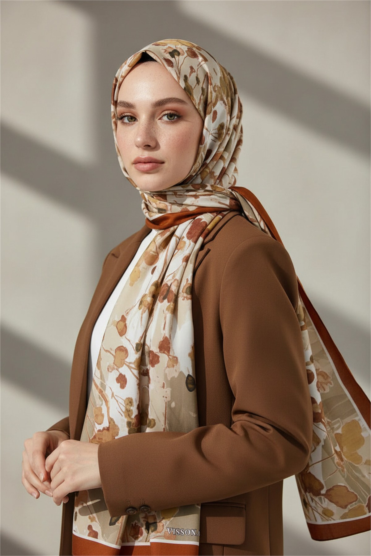 KREP BAHAR DALI DESENLİ TABA RENKLİ 75X195 KIRIŞMAZ ŞAL
