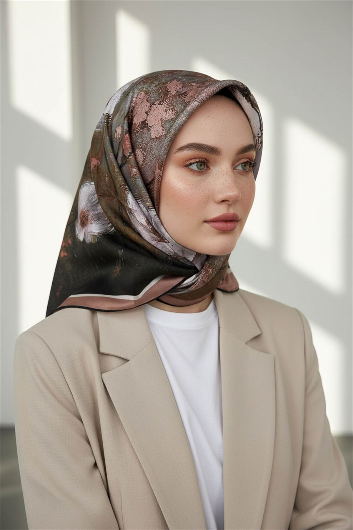 %100 Twill İpek Yağlı Boya Çiçek Desenli Bej Renkli 90x90 Eşarp Dikim Şekli : El Dikişi