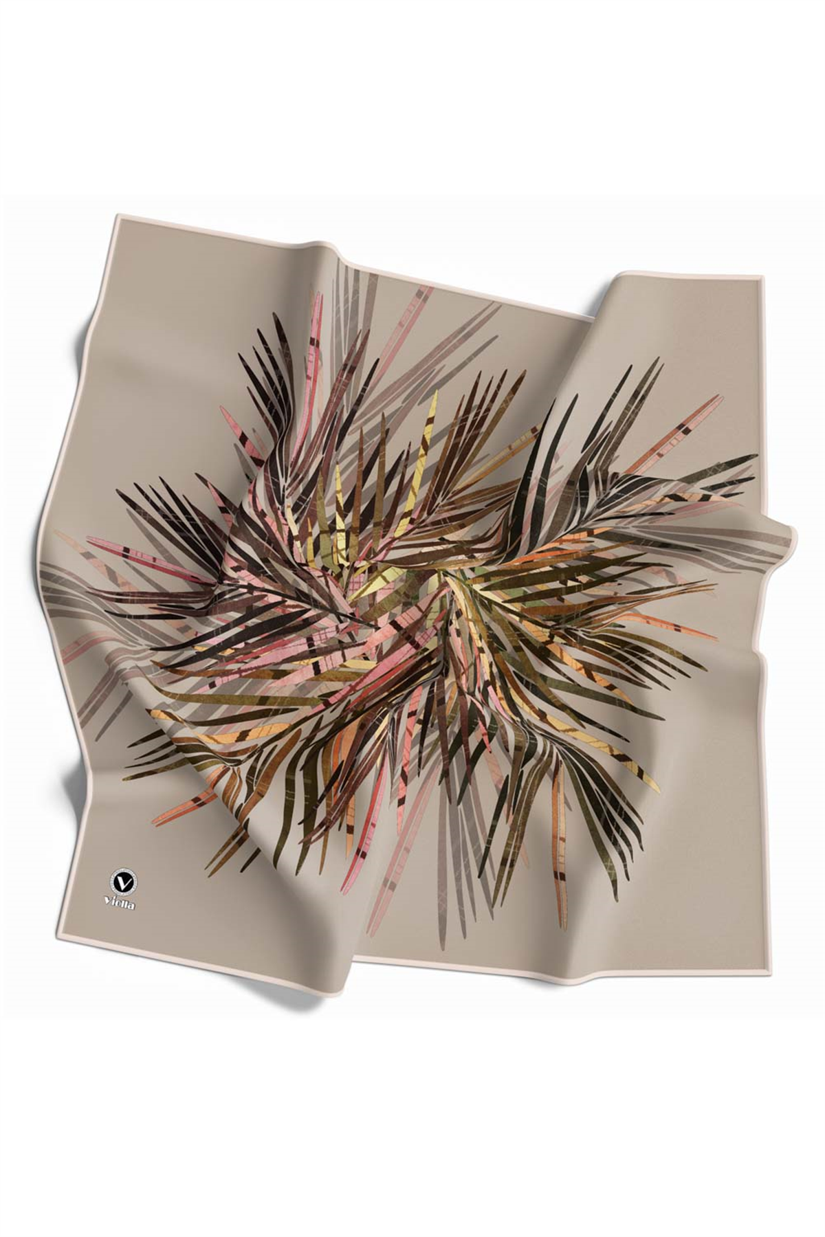 Twill Havai Fişek Desenli Bej Renkli 90x90 Eşarp (İpek İçermez) Kenar Dikiş Şekli El Dikişli