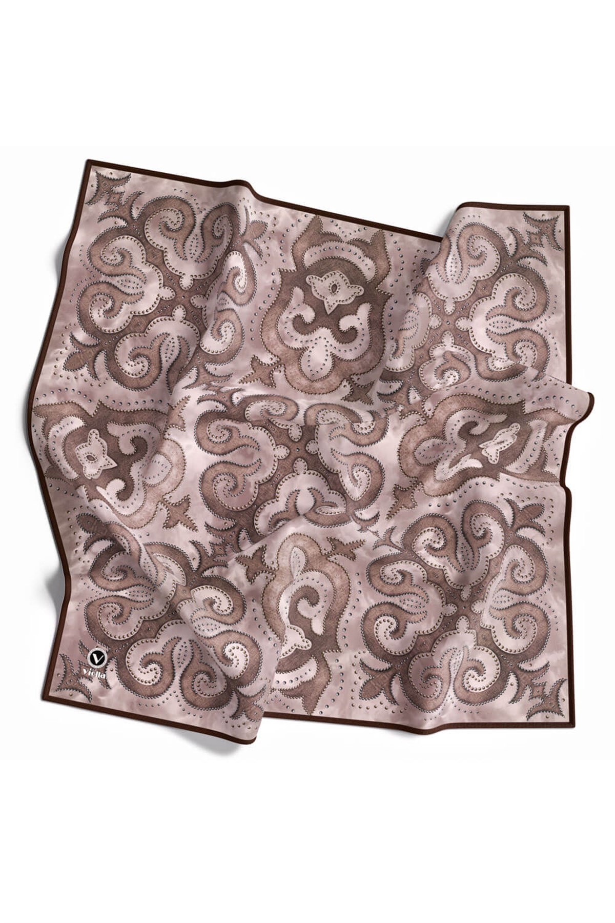 Twill Barok Desenli Taş Renkli 90x90 Eşarp (İpek İçermez) Kenar Dikiş Şekli El Dikişli