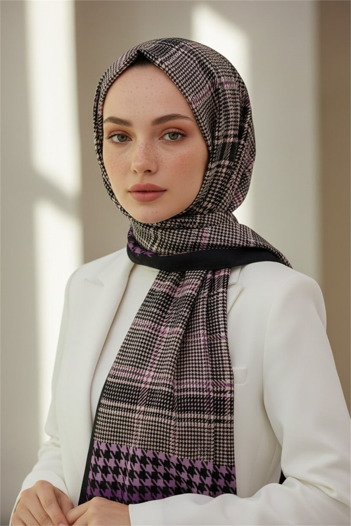 KREP EKOSELİ KAZAYAK DESENLİ LİLA RENKLİ 75X195 KIRIŞMAZ ŞAL